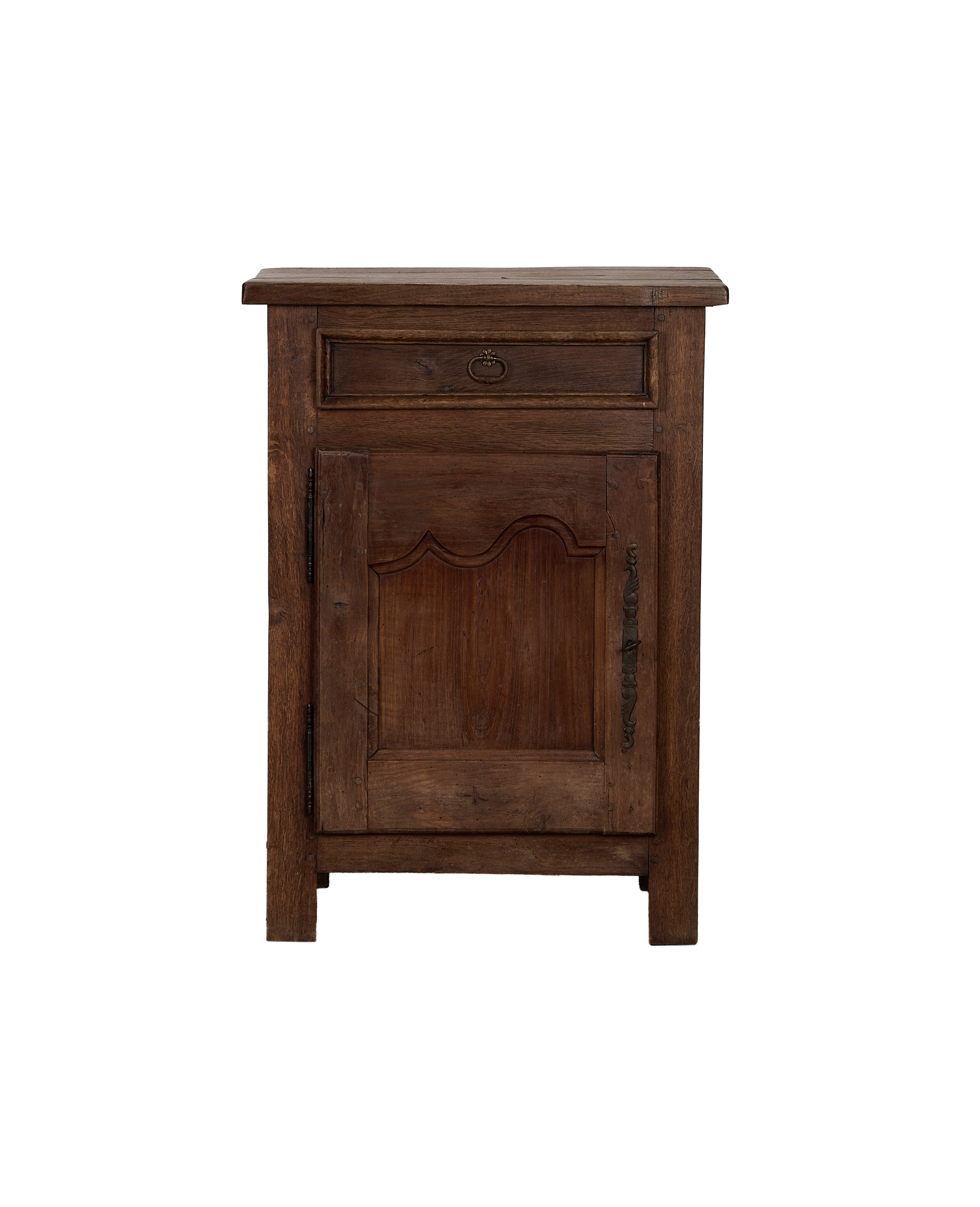 Vintage French oak wood cabinet with single drawer and shaped panel door.