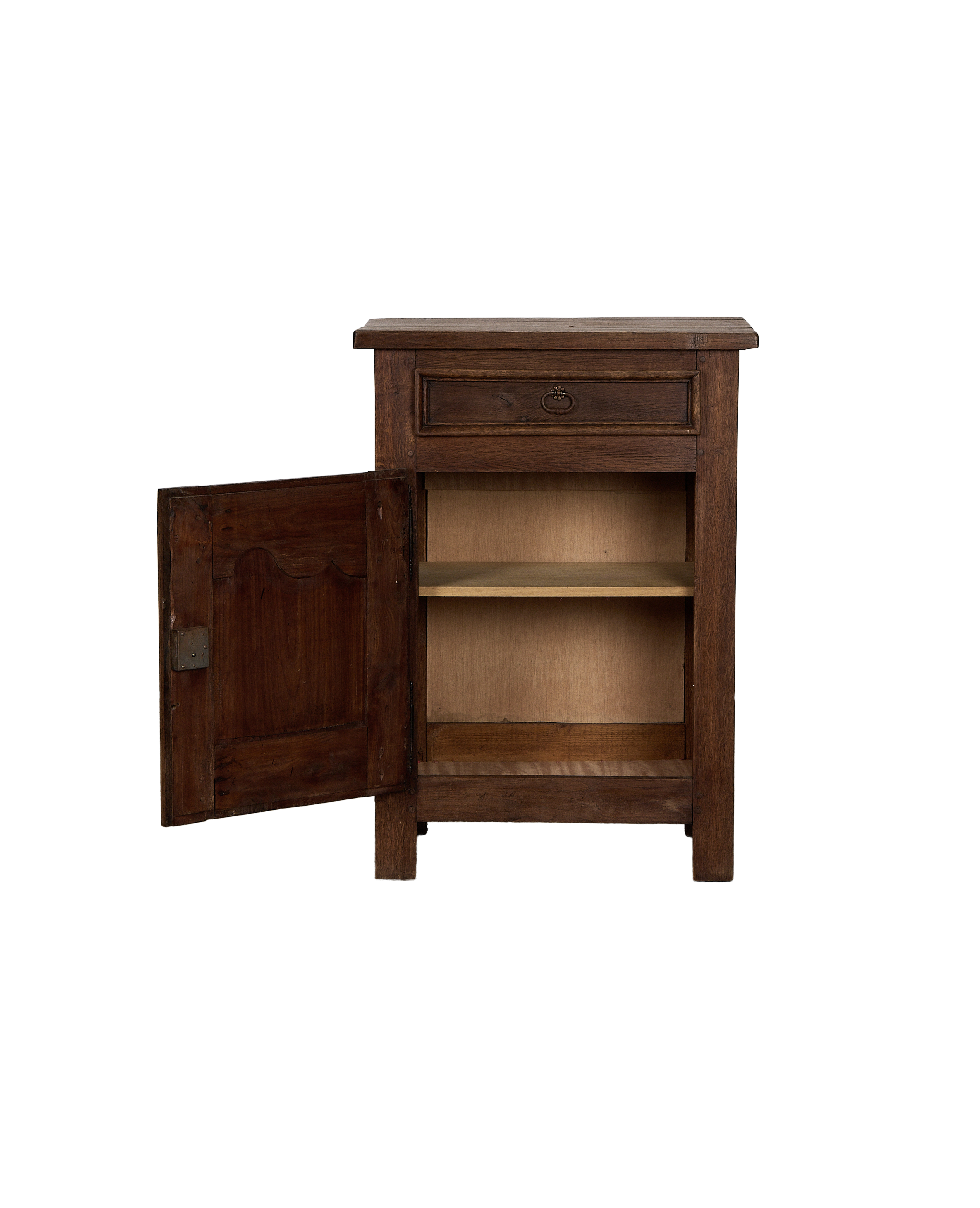 Vintage French oak cabinet with open door revealing interior shelf and drawer.