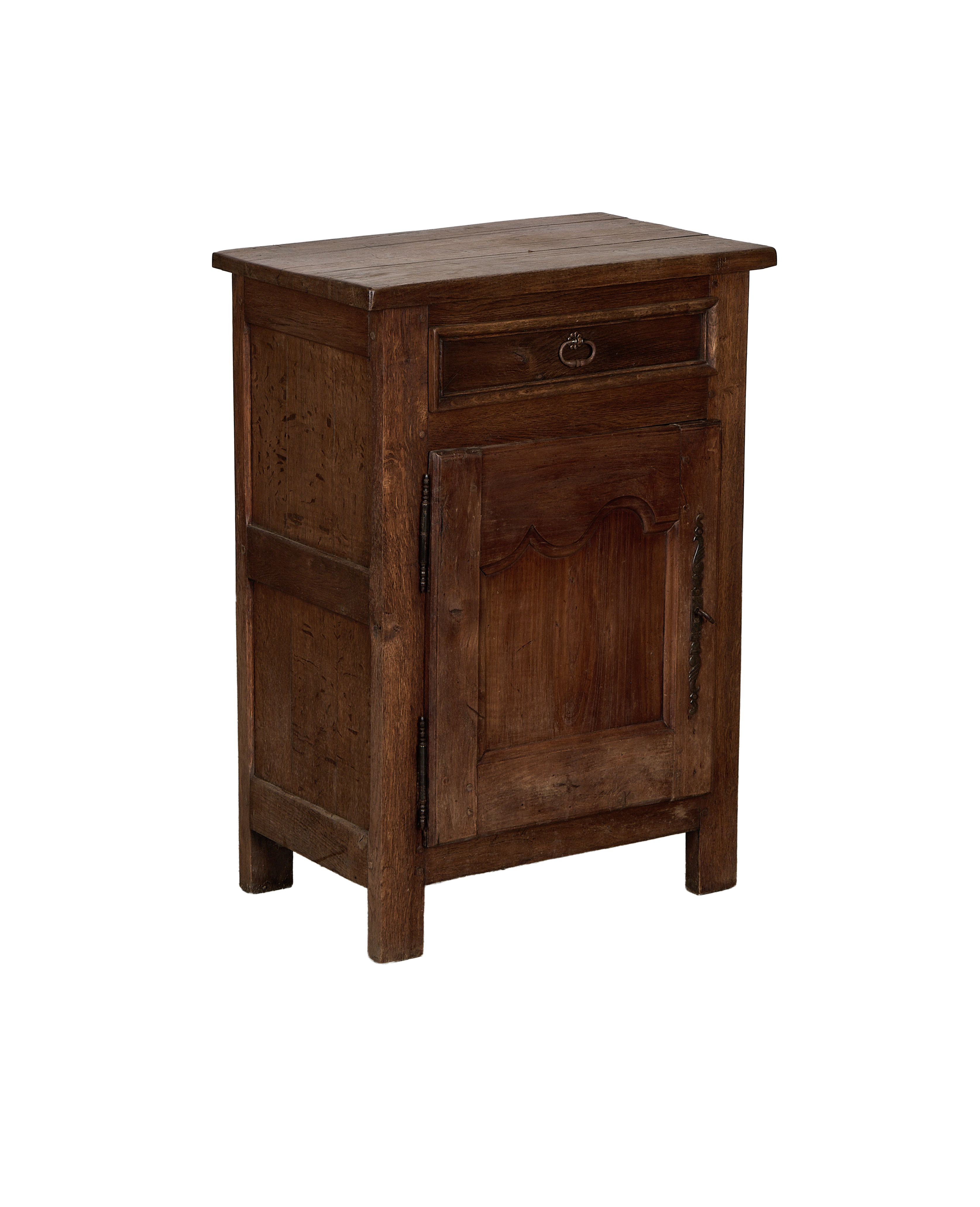 Vintage French oak cabinet, showing drawer with ornate pull, cabinet door with decorative details and original hardware.