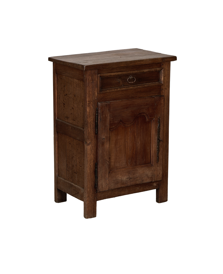 Vintage French oak cabinet, showing drawer with ornate pull, cabinet door with decorative details and original hardware.
