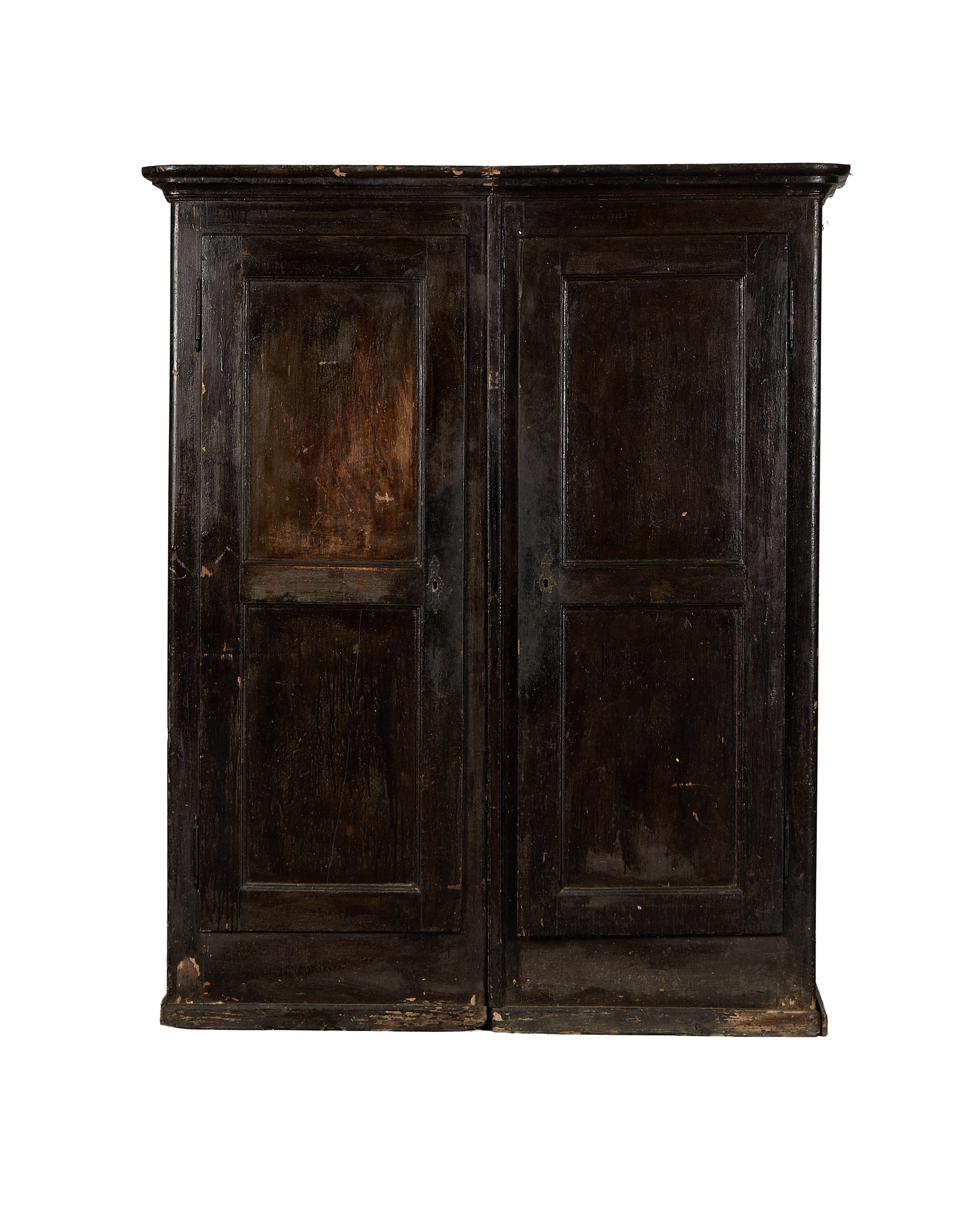 Vintage French Parisian oak armoire with distressed dark finish and paneled doors.