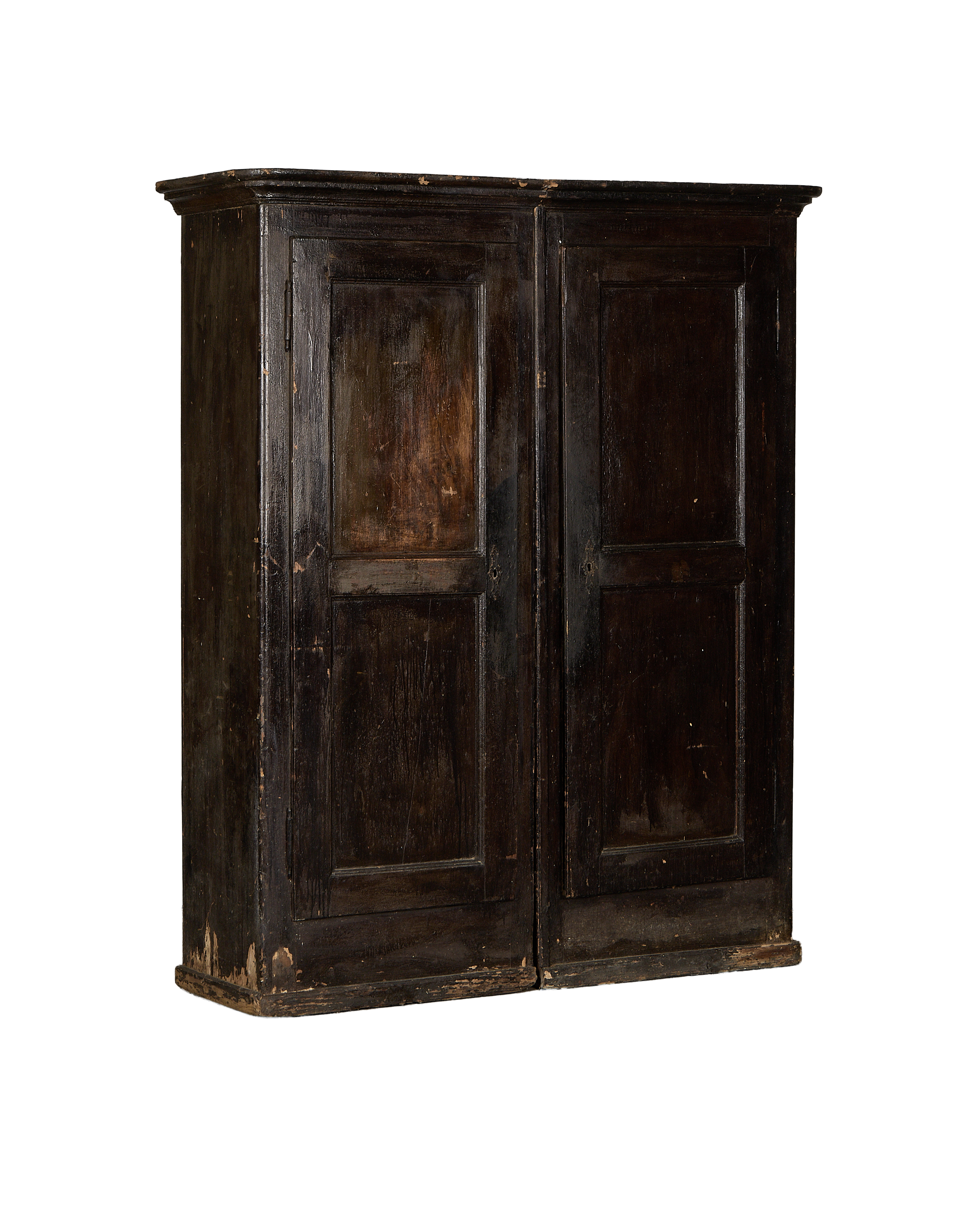 Vintage Parisian dark oak armoire, distressed finish and natural age-related wear evident.