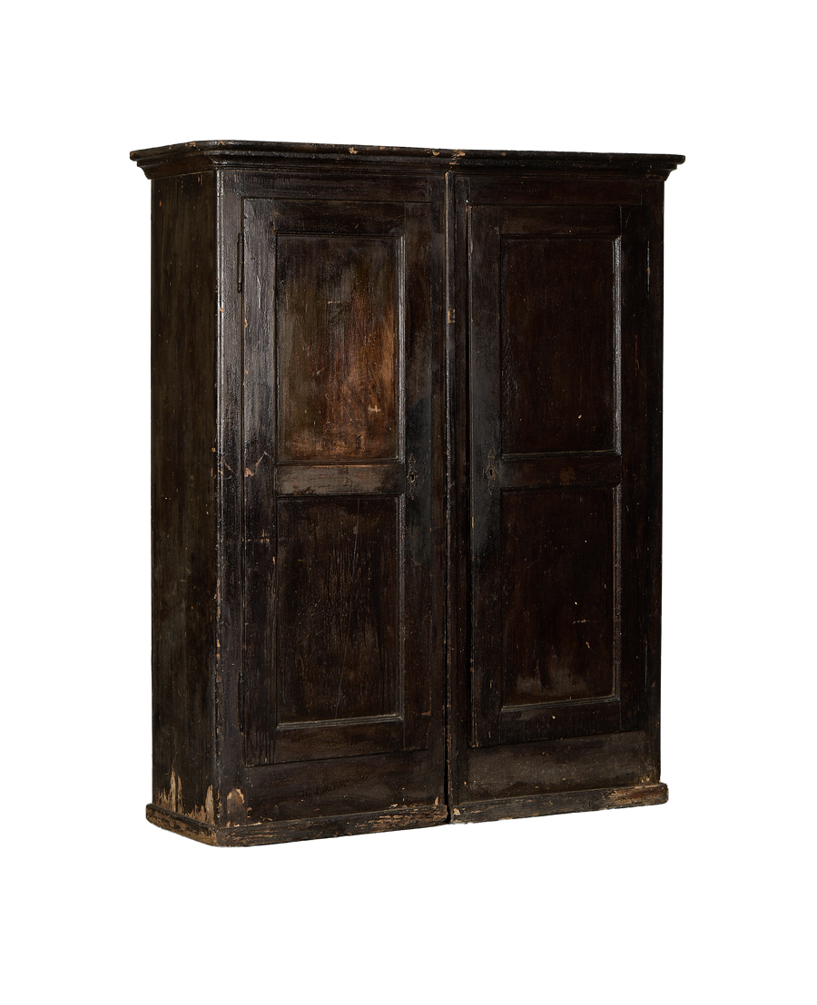 Vintage Parisian dark oak armoire, distressed finish and natural age-related wear evident.