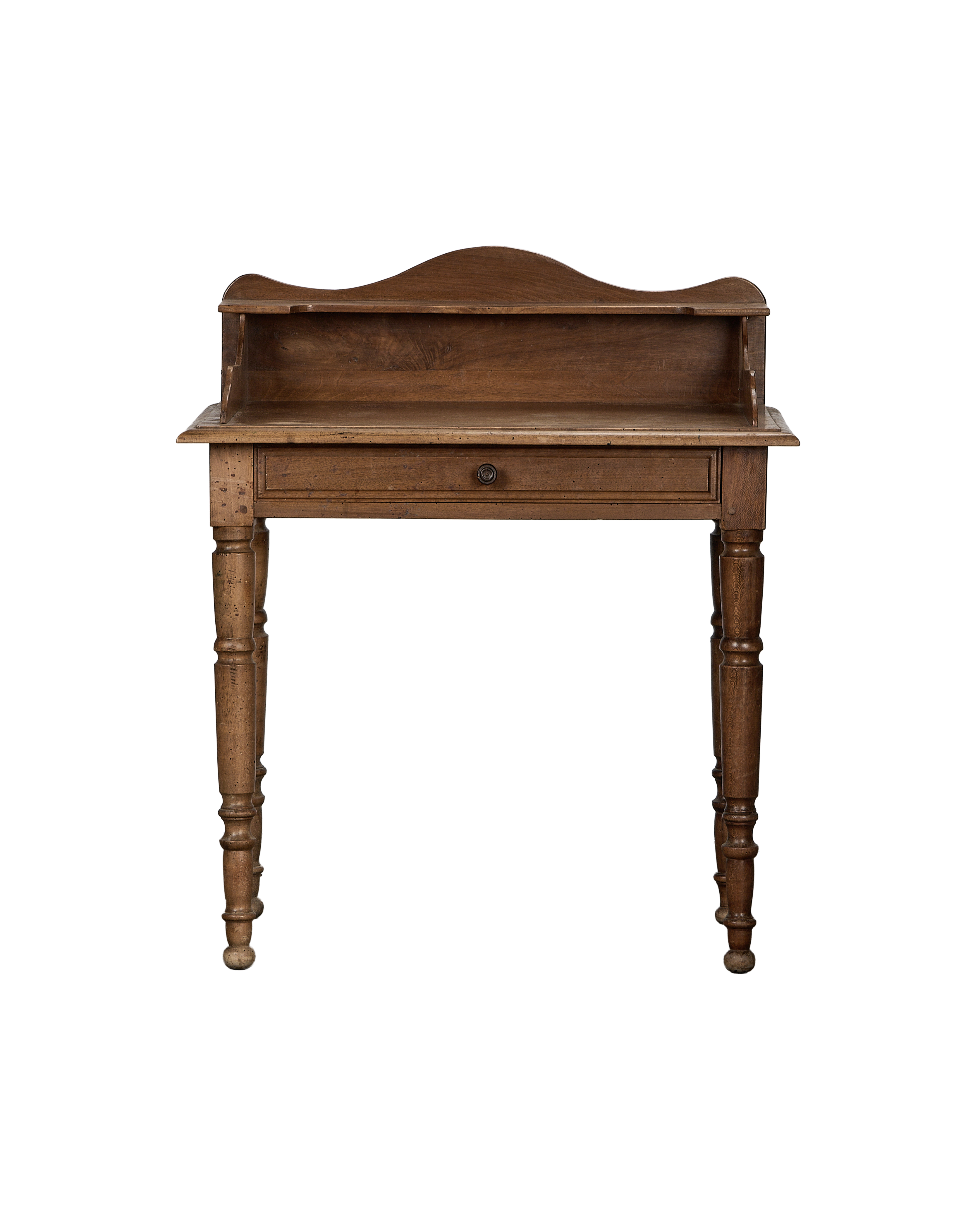 Vintage French oak desk, single drawer, curved back and turned legs.