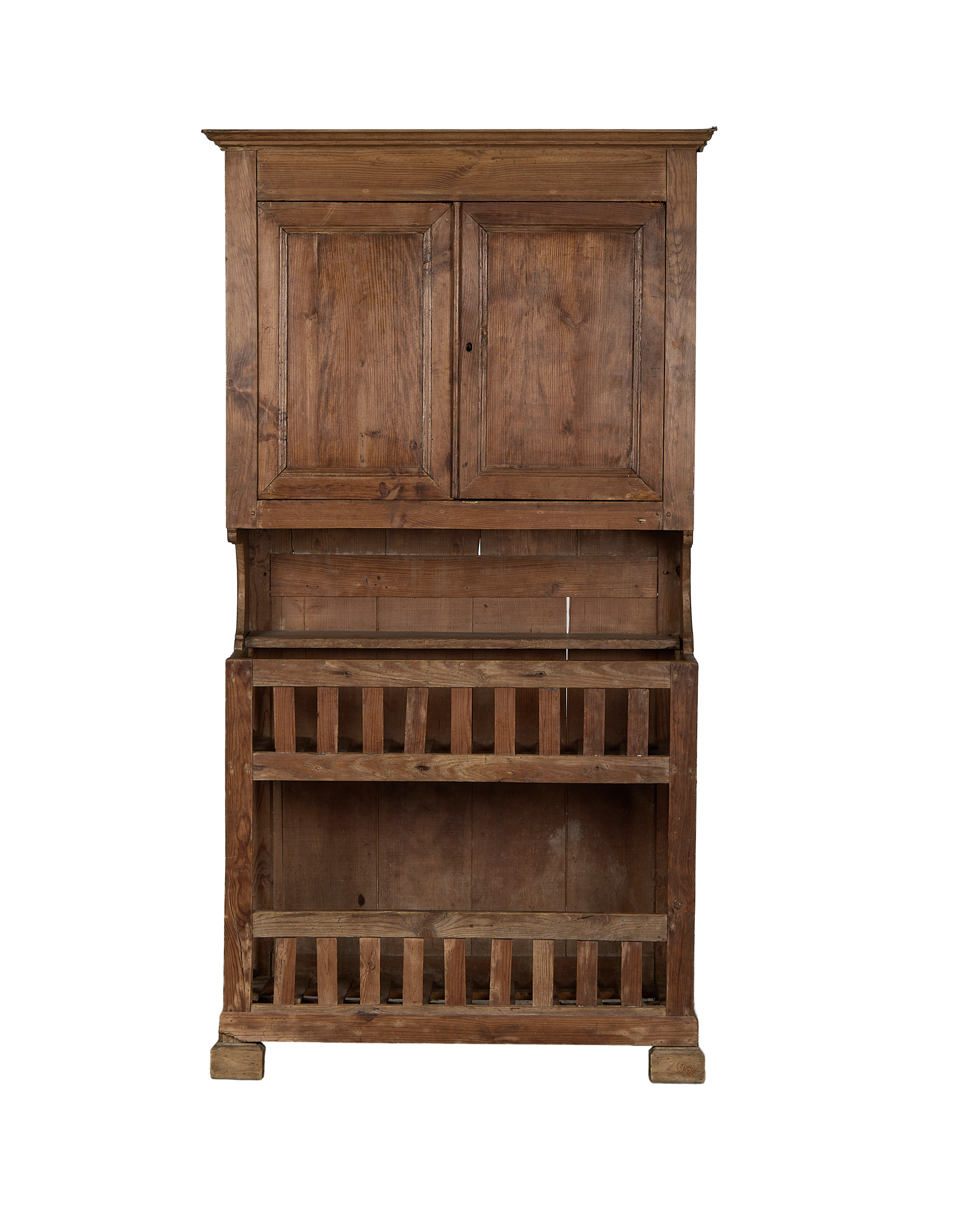 Vintage French oak baker's cabinet, aged wooden doors, open shelves, rustic appeal.