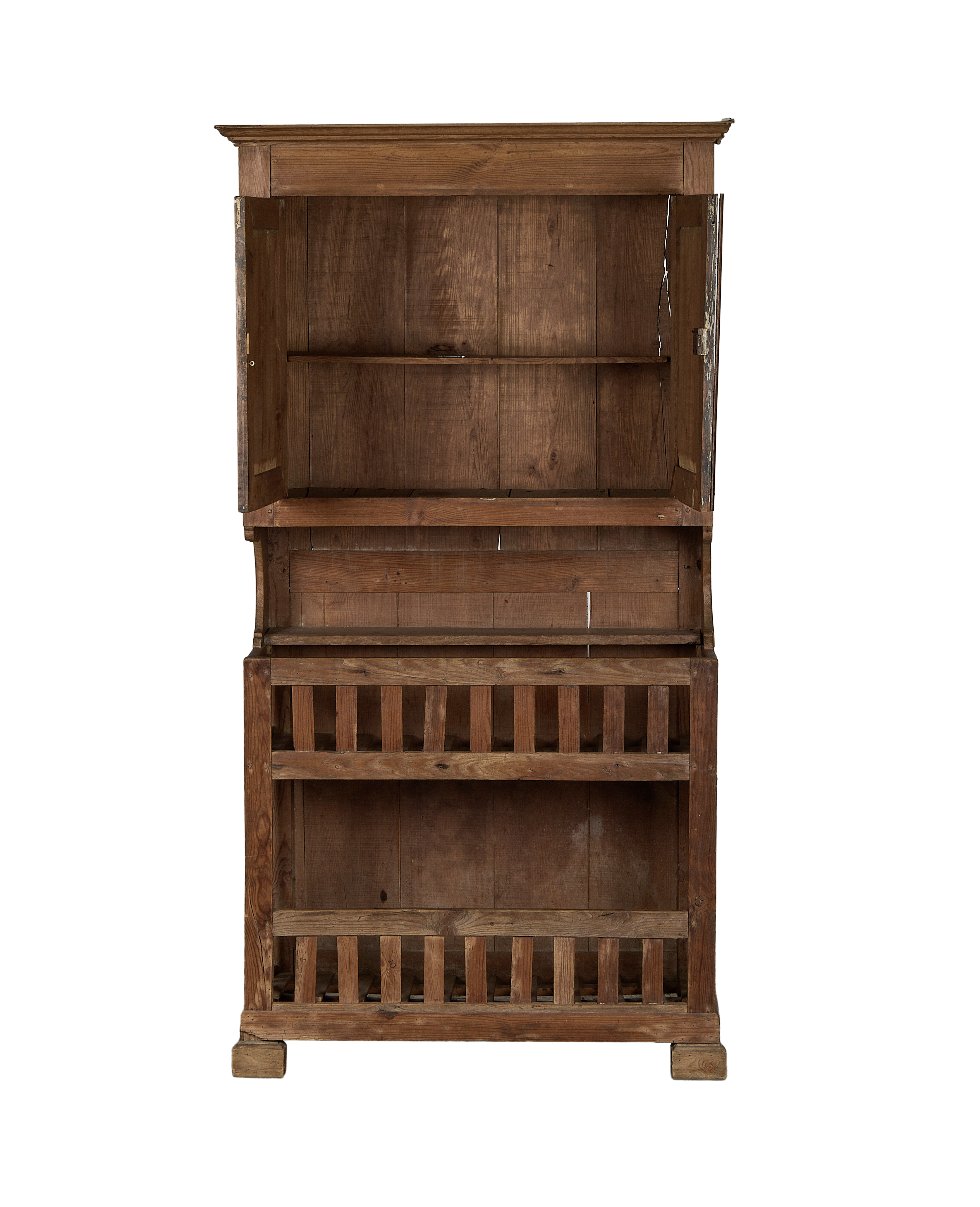 Vintage French oak baker's cabinet, full view, doors open revealing interior shelves.