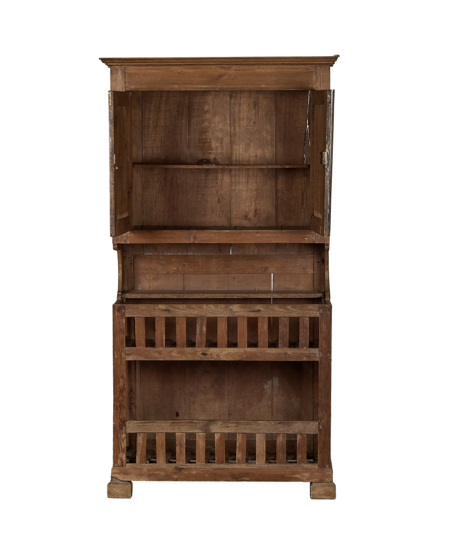 Vintage French oak baker's cabinet, full view, doors open revealing interior shelves.