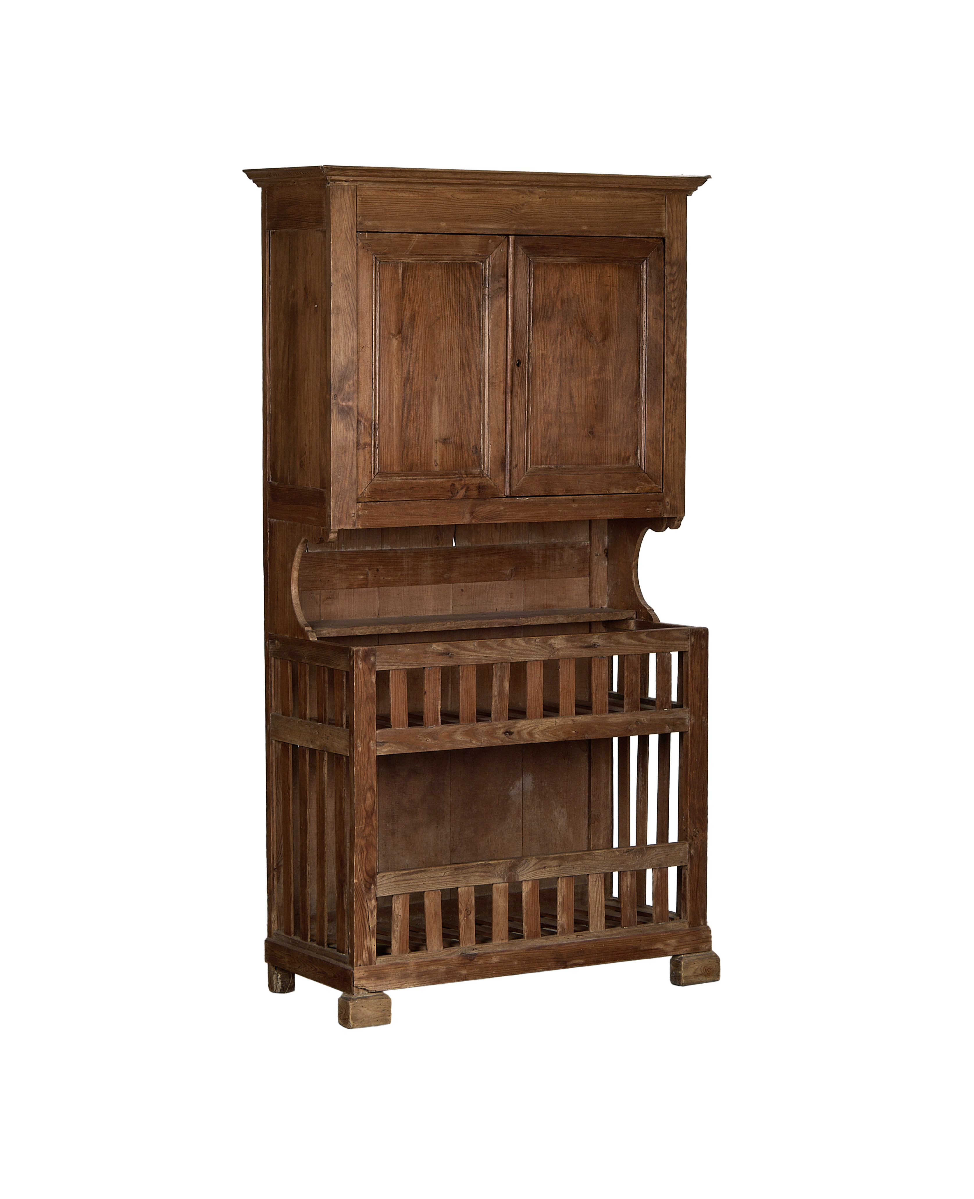 Vintage French oak baker's cabinet, full frontal view, showing slatted lower shelves.