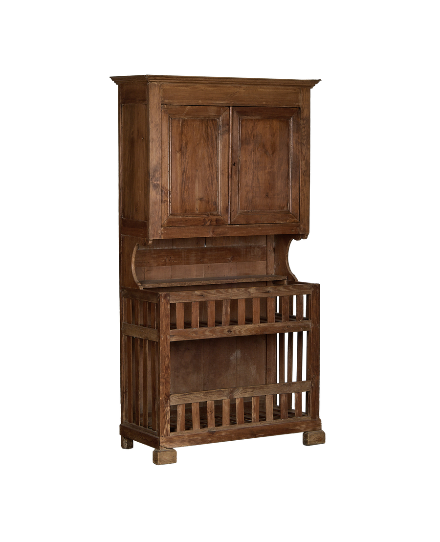Vintage French oak baker's cabinet, full frontal view, showing slatted lower shelves.
