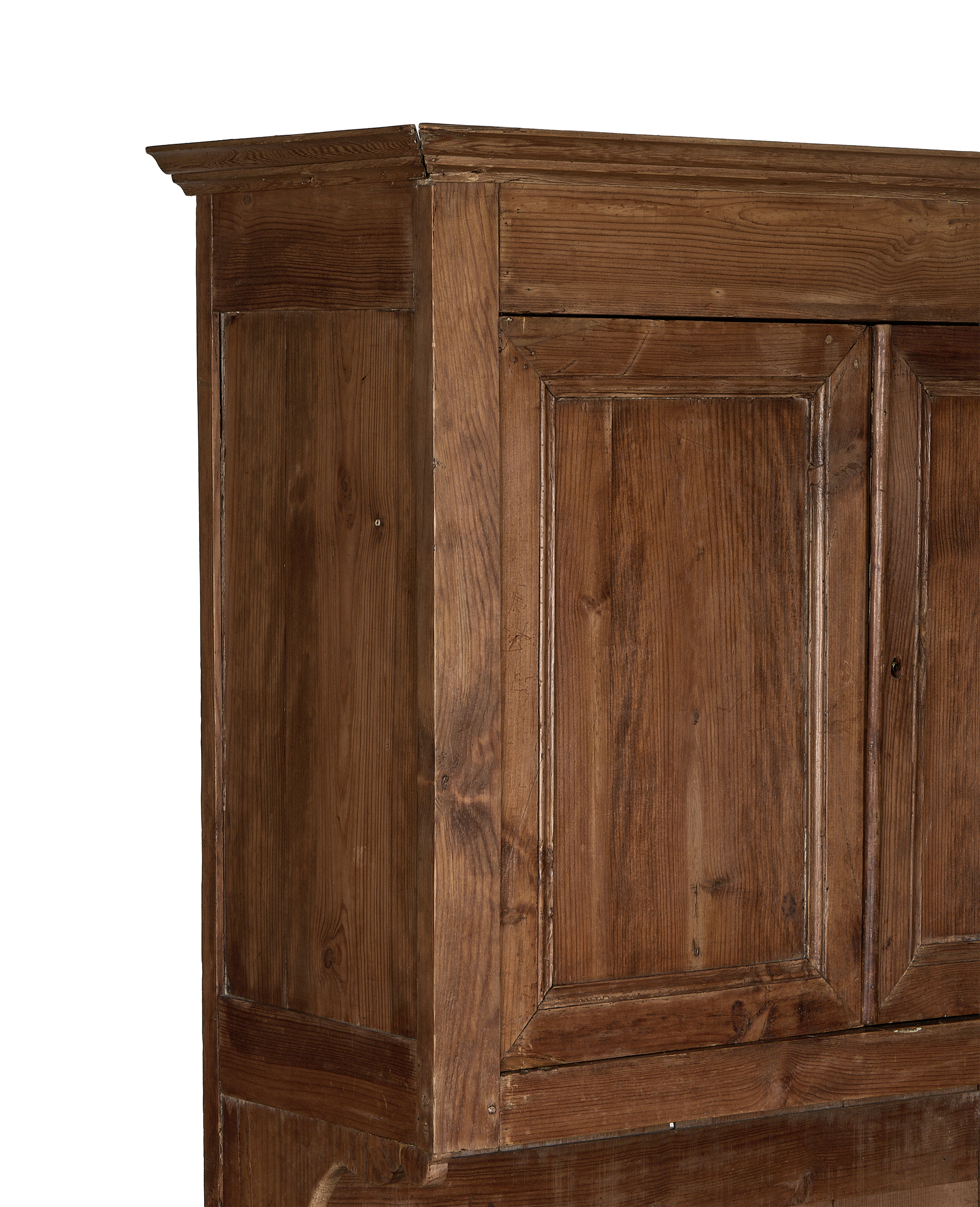 Vintage French oak baker's cabinet top, showing distressed wood grain and molding detail.
