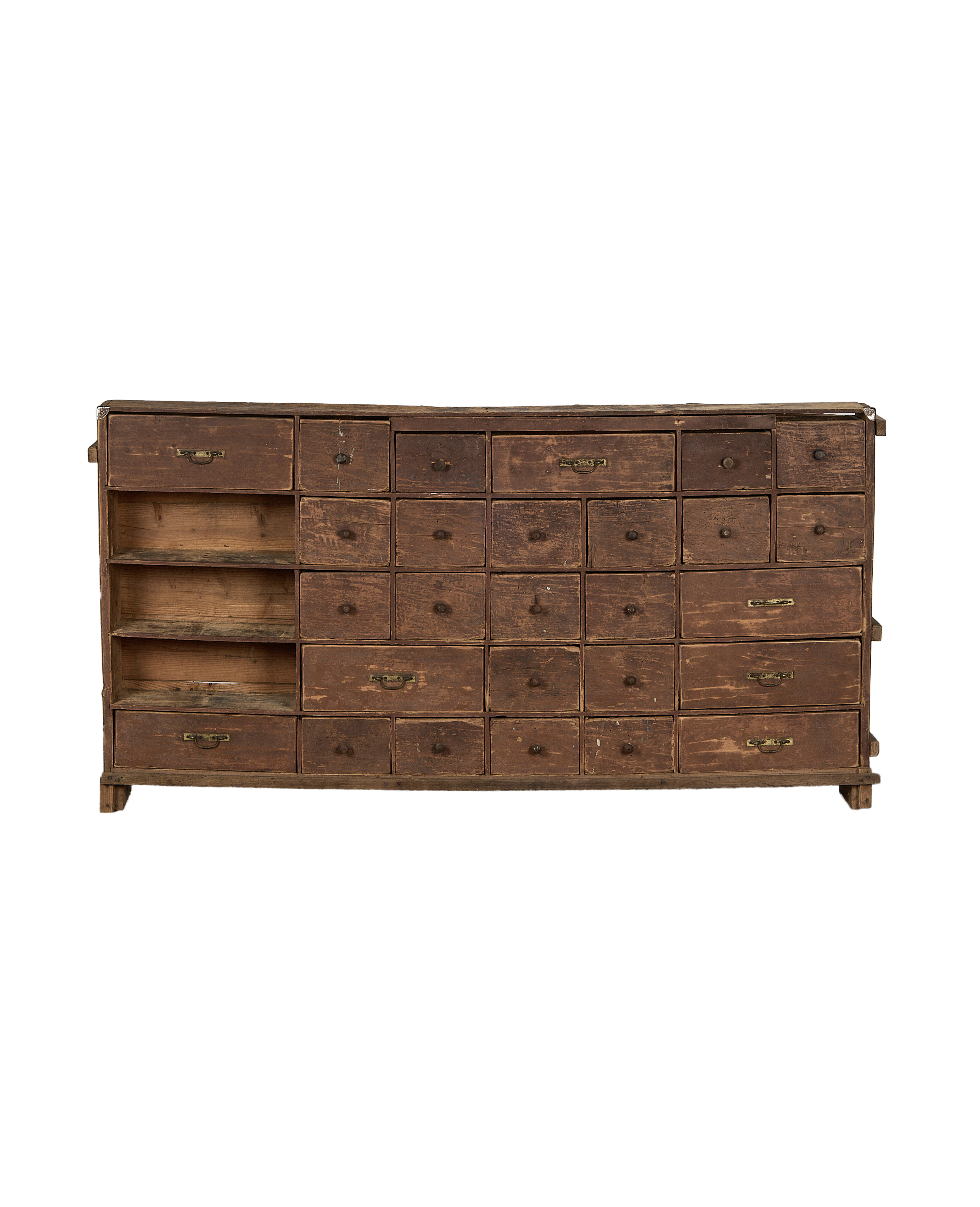 Vintage French oak apothecary sideboard with multiple drawers and some open compartments, rustic condition.