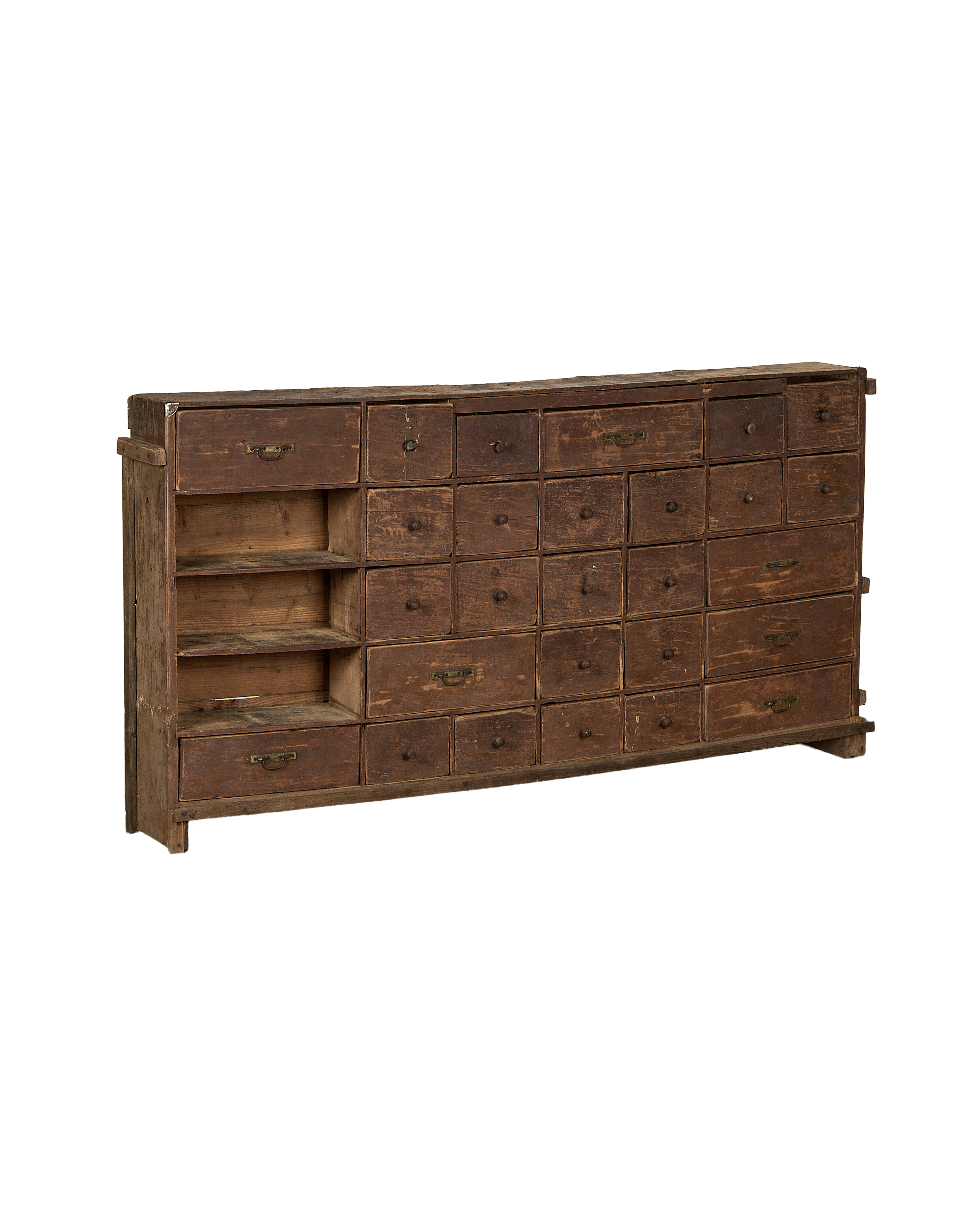 Vintage French apothecary oak sideboard, left side angle, shows two open shelves.