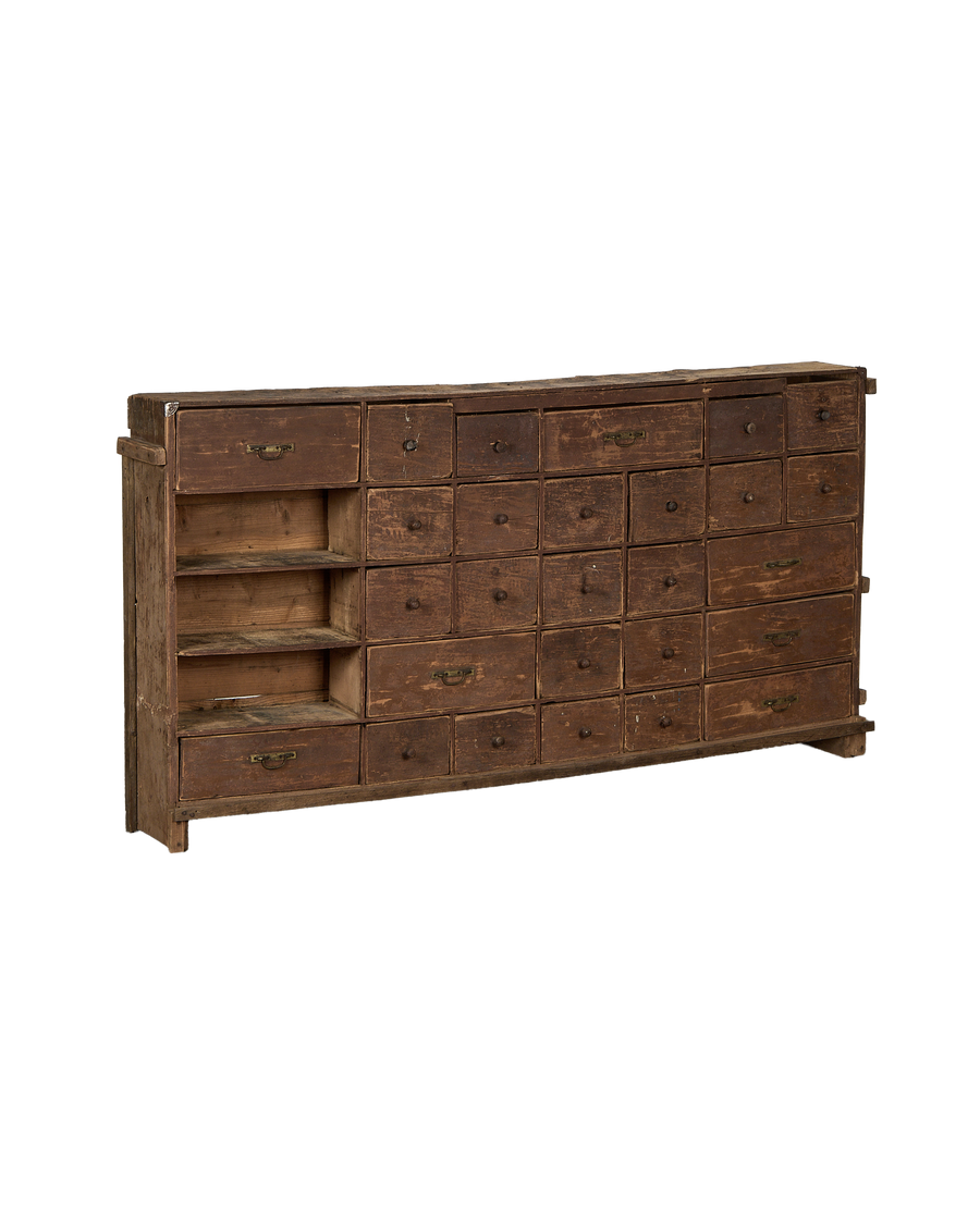 Vintage French apothecary oak sideboard, left side angle, shows two open shelves.