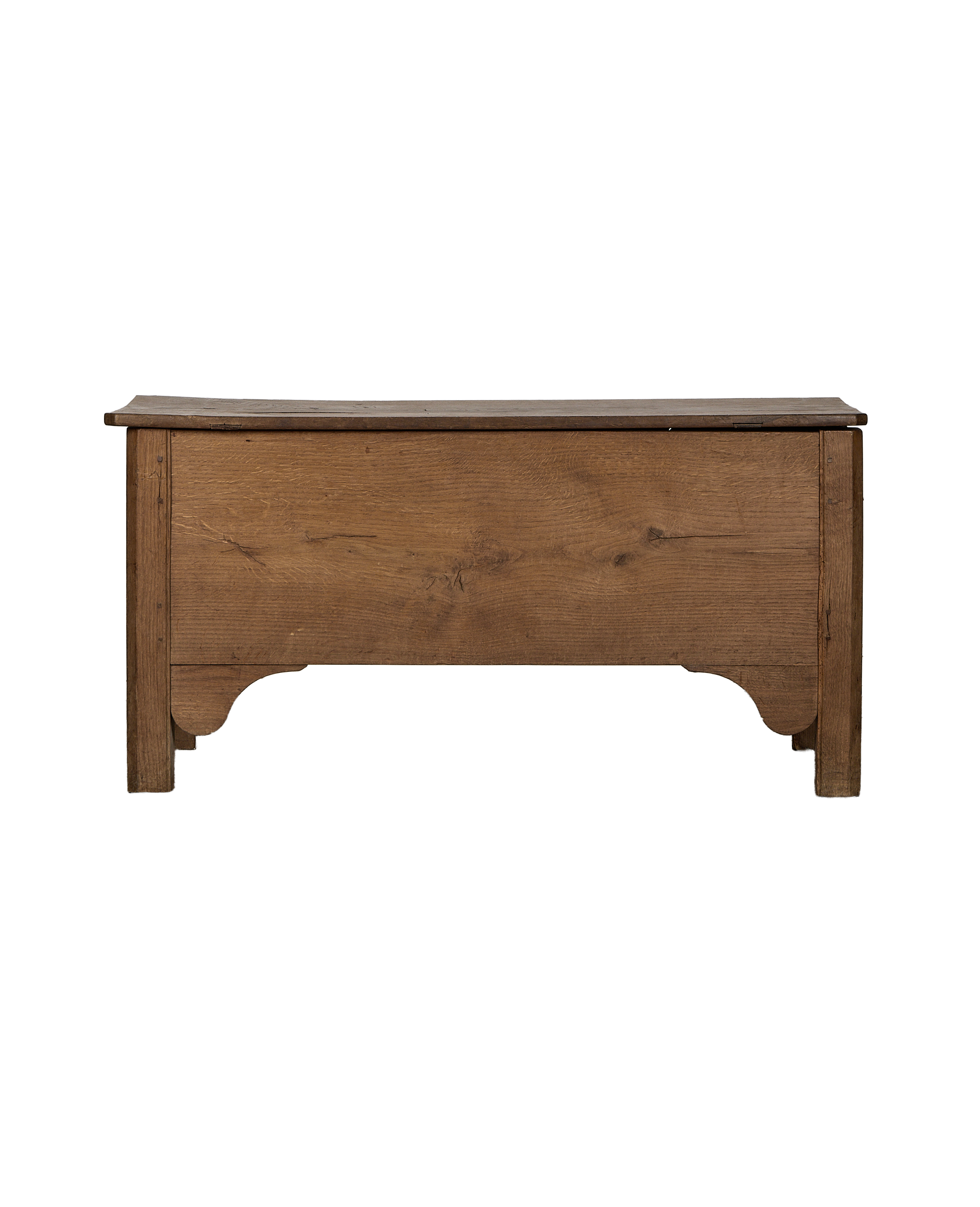 Vintage French oak storage trunk, showing the simple yet sturdy original wood construction.