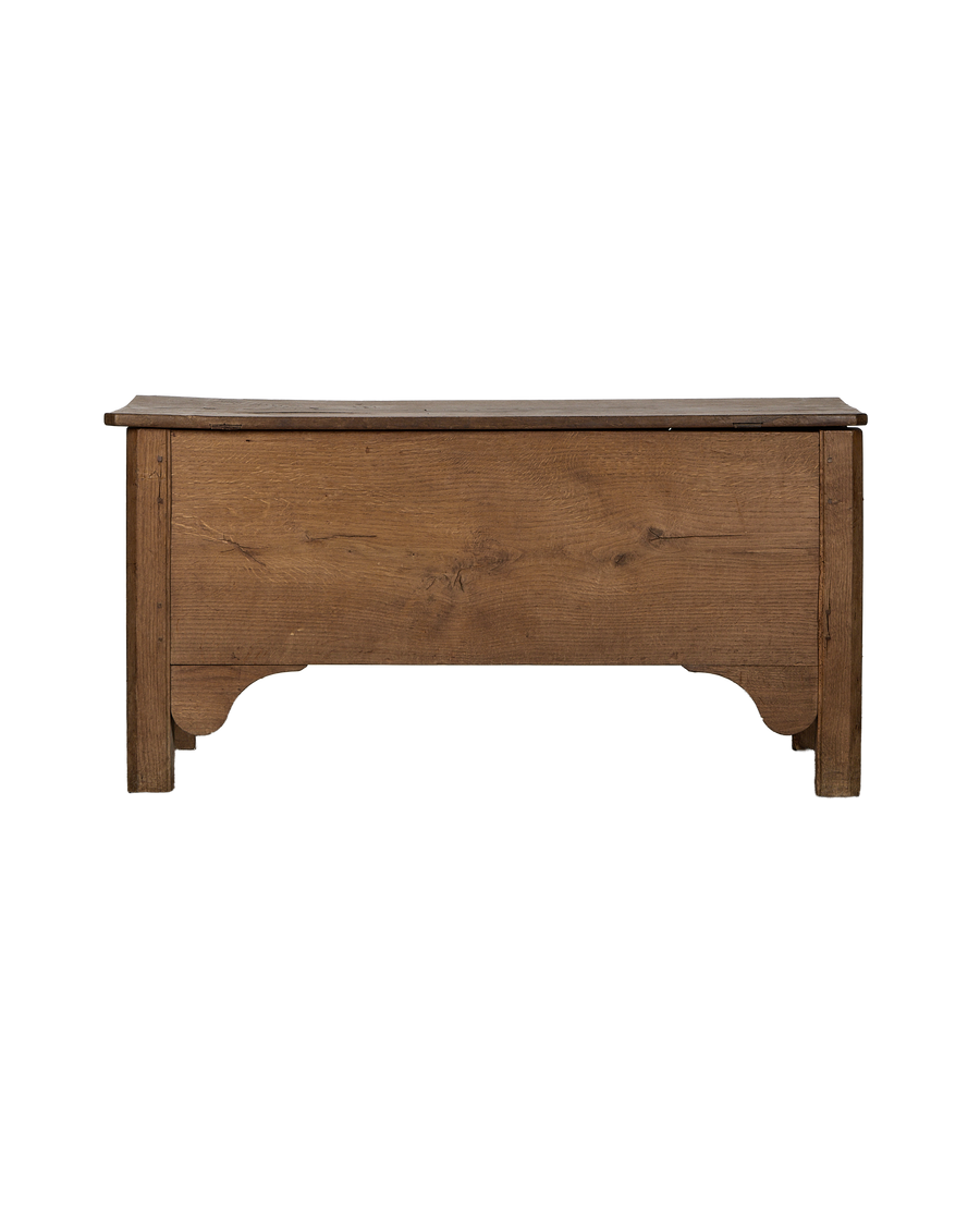Vintage French oak storage trunk, showing the simple yet sturdy original wood construction.