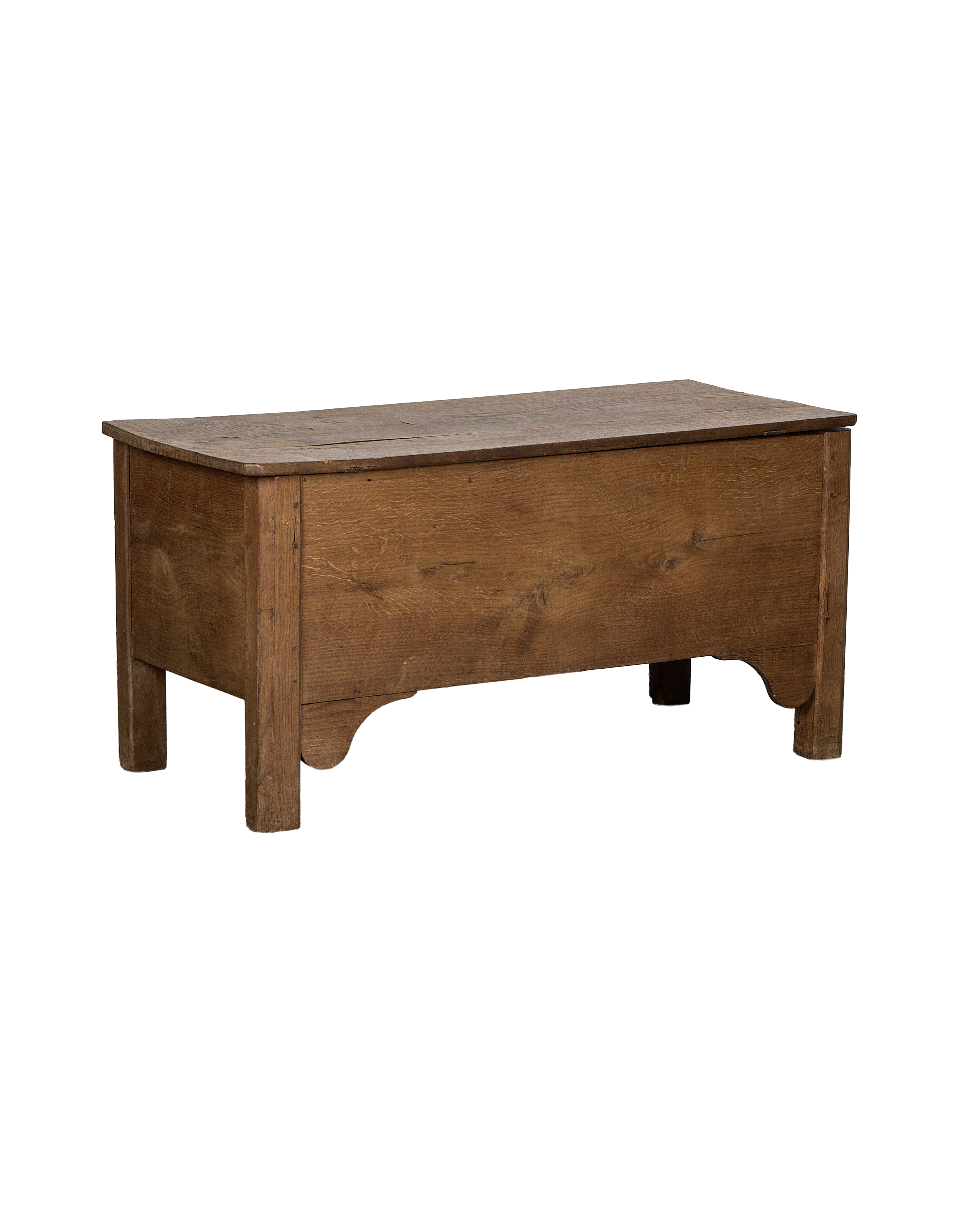 Vintage French oak storage trunk, a rustic wood coffer with classic simple lines.