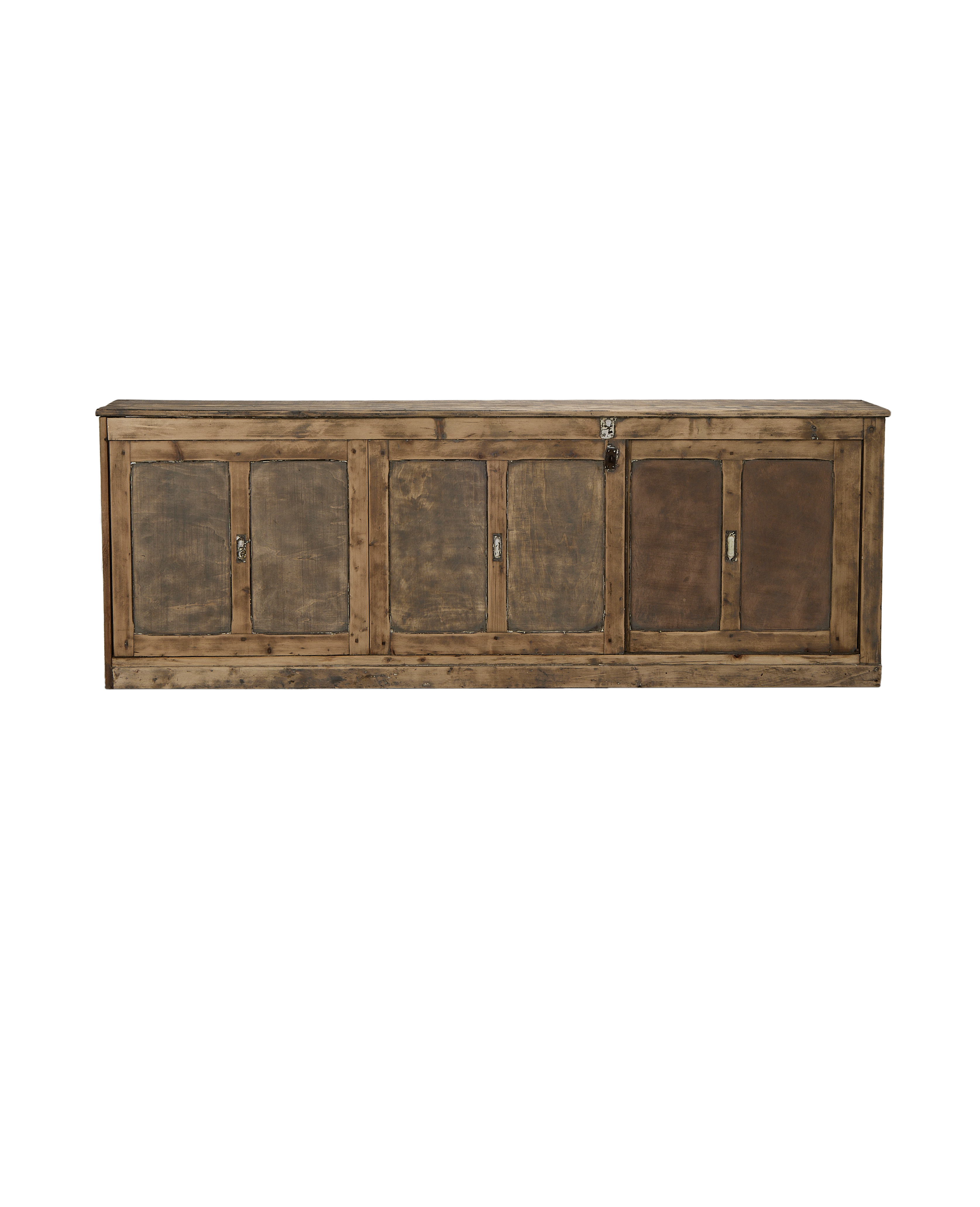 Vintage French oak sideboard, natural wood finish, with four paneled doors and vintage latches.