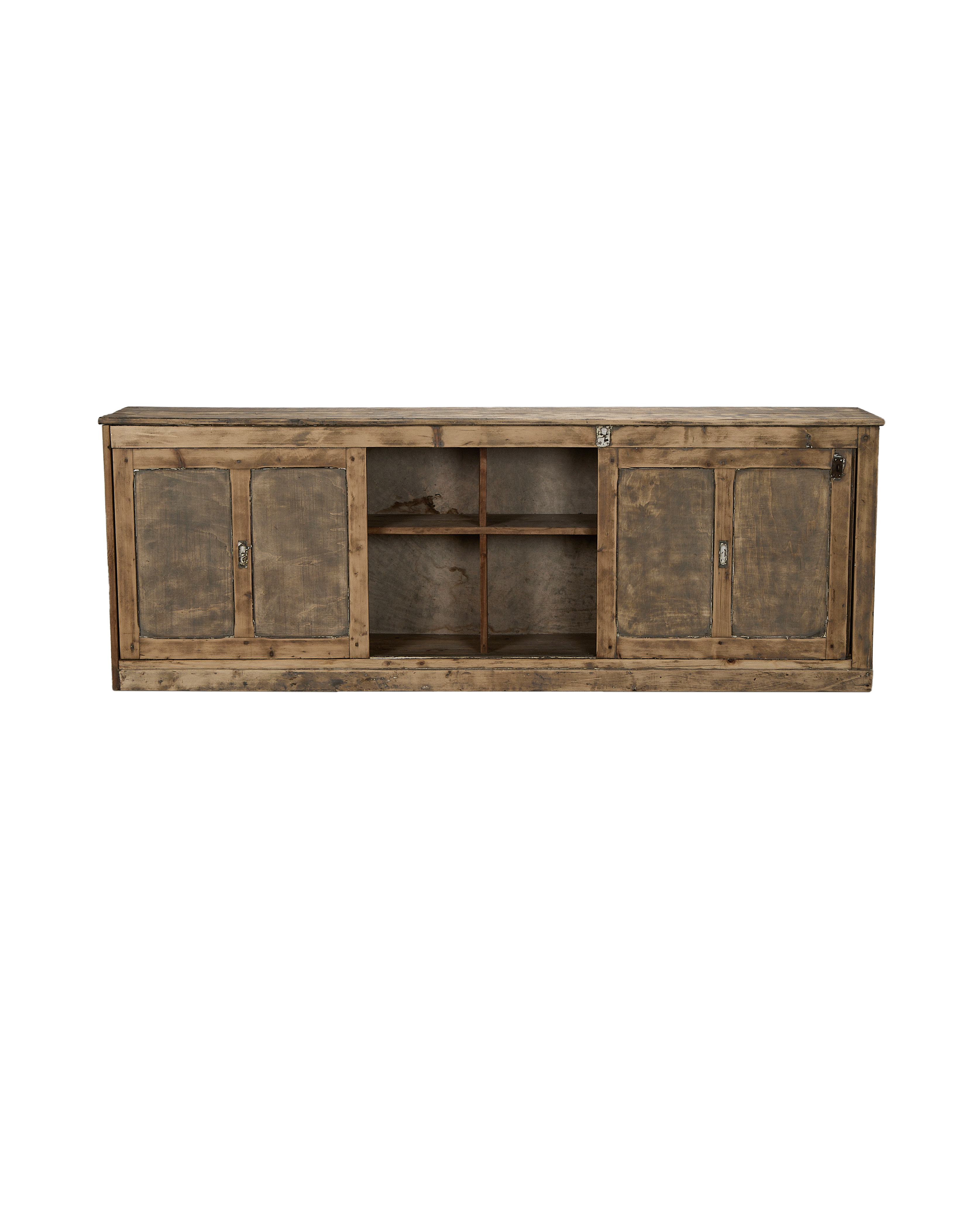 Vintage French oak sideboard, open center shelves, aged wood with minor wear.