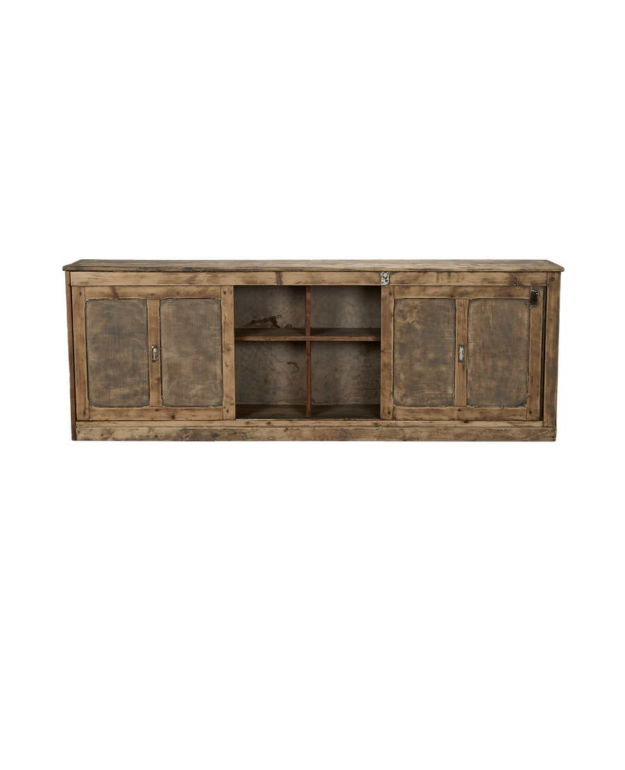 Vintage French oak sideboard, open center shelves, aged wood with minor wear.