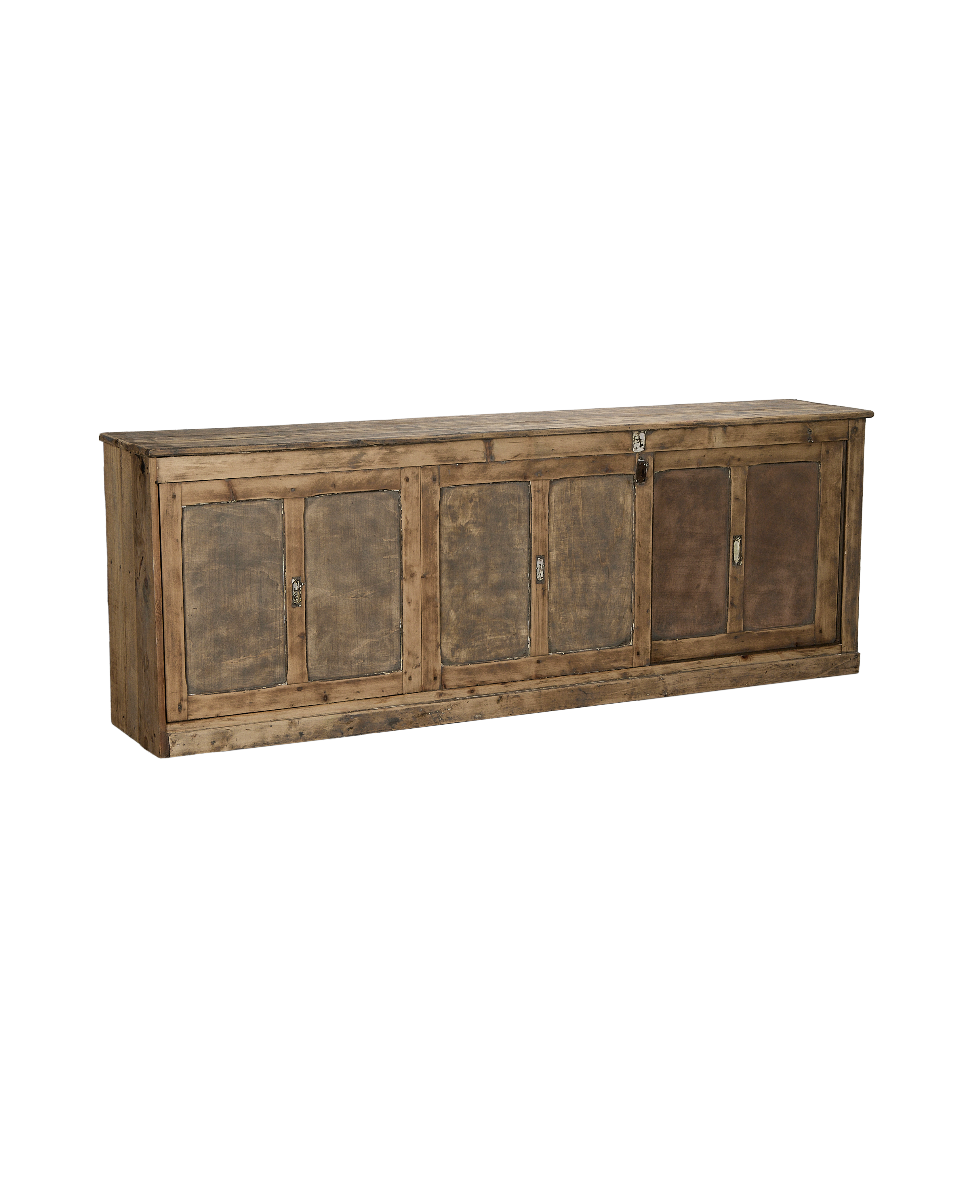 Vintage French oak sideboard angled view, showing four distressed doors, old latches, and rustic patina.