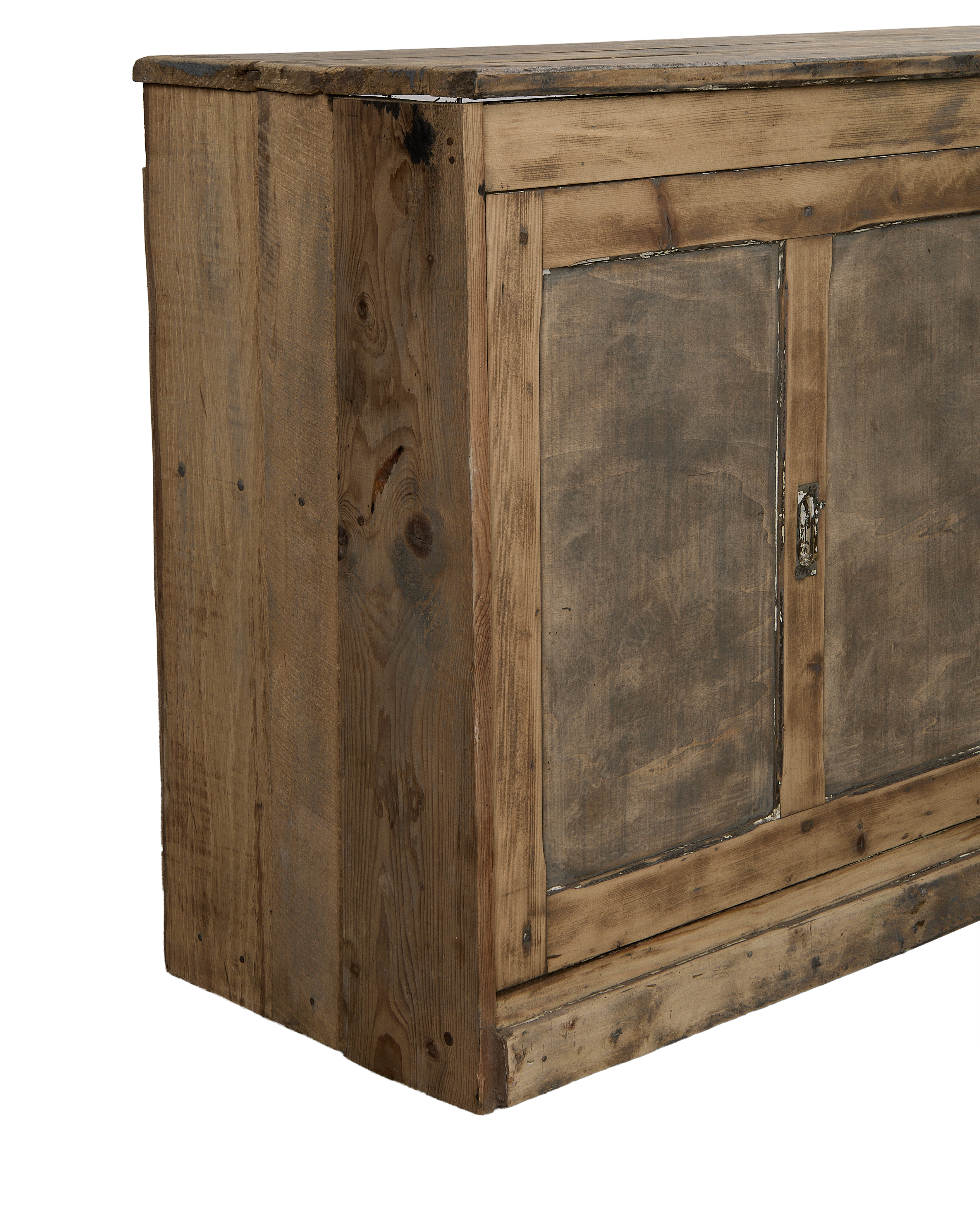 Vintage French oak sideboard: detail of weathered wood, visible construction, and distressed surface.