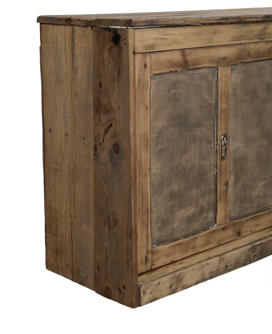 Vintage French oak sideboard: detail of weathered wood, visible construction, and distressed surface.