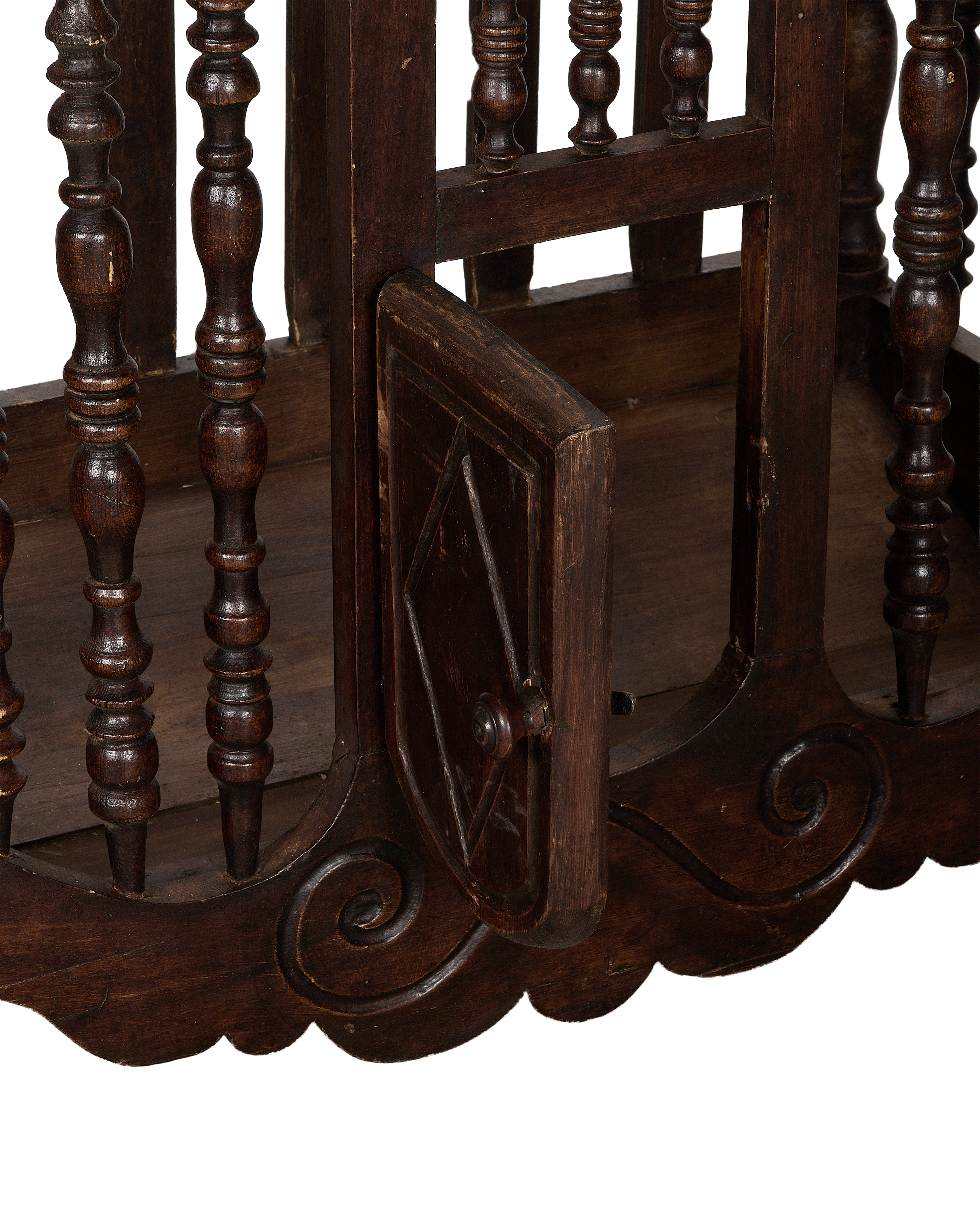 Vintage French oak bread cabinet, detail of small front door with knob and turned spindles.