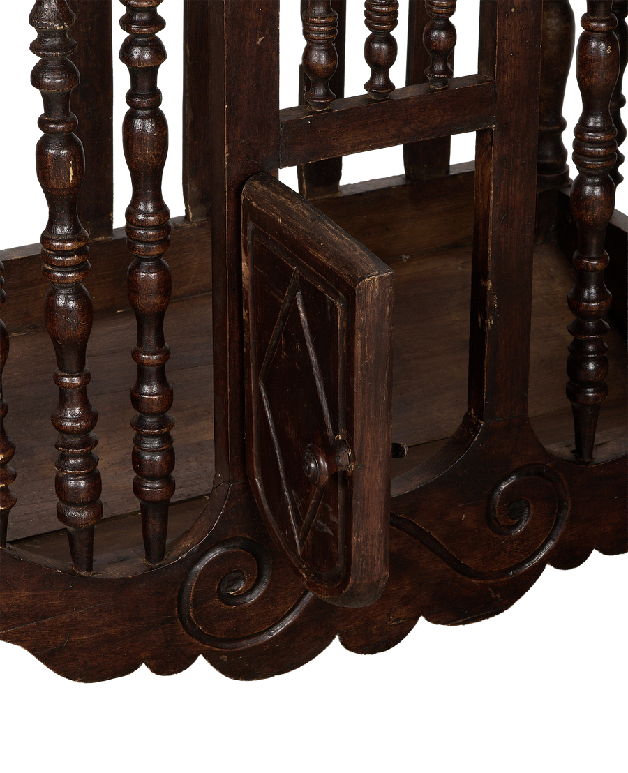 Vintage French oak bread cabinet, detail of small front door with knob and turned spindles.
