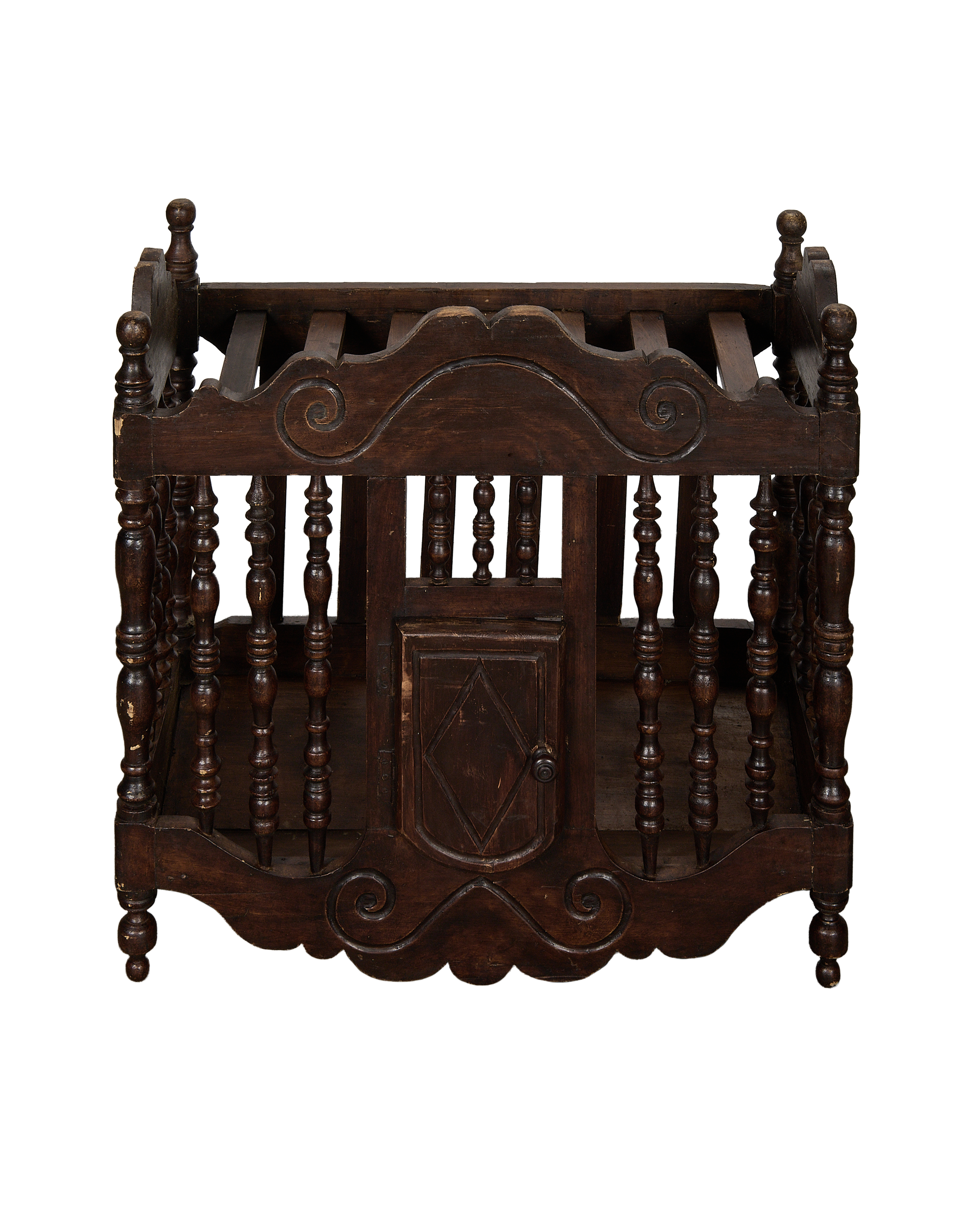 Vintage French oak bread cabinet, showing the carved wooden balusters and ornate door detail.