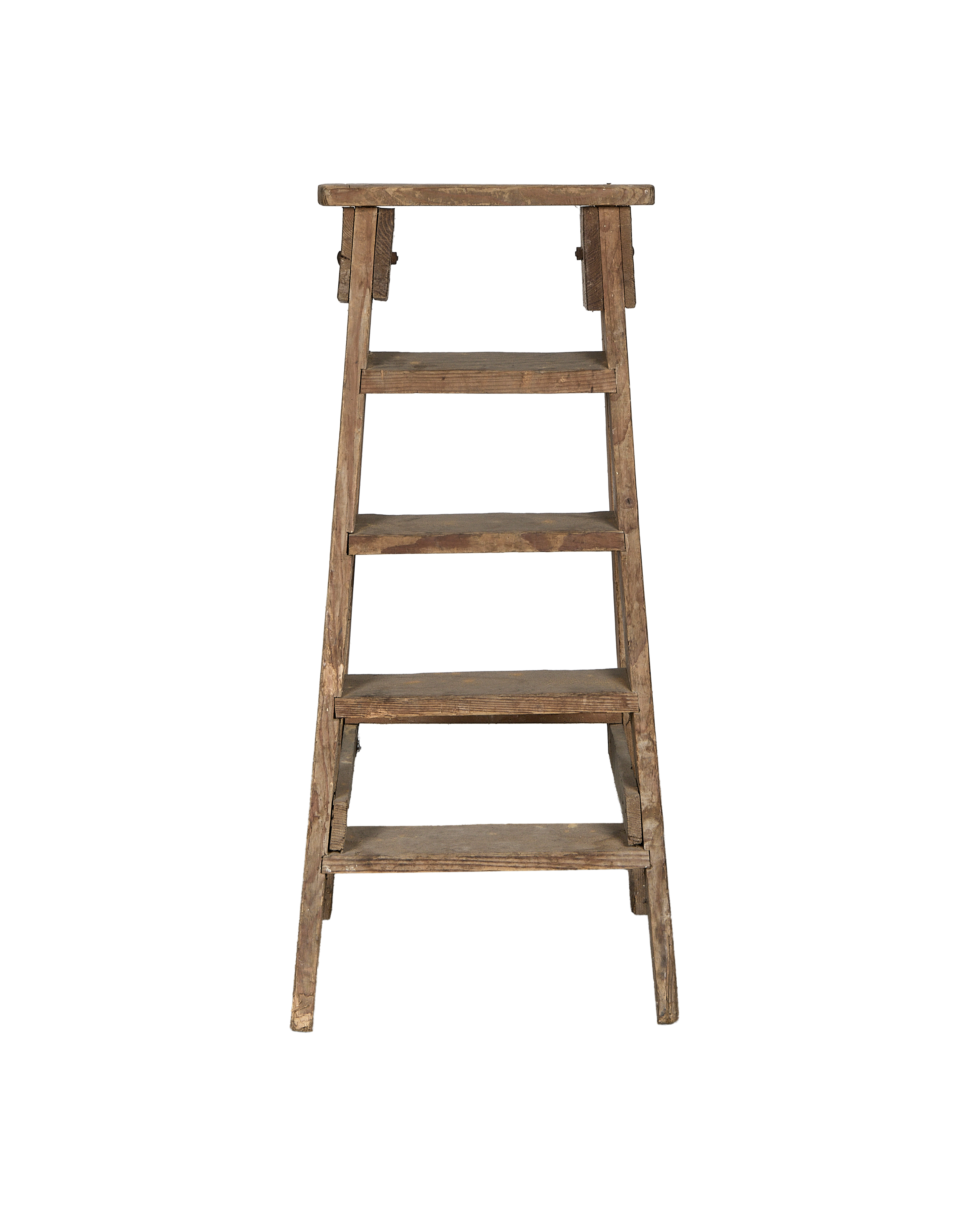 French vintage wood shop ladder, front view, showing five rustic wooden steps.