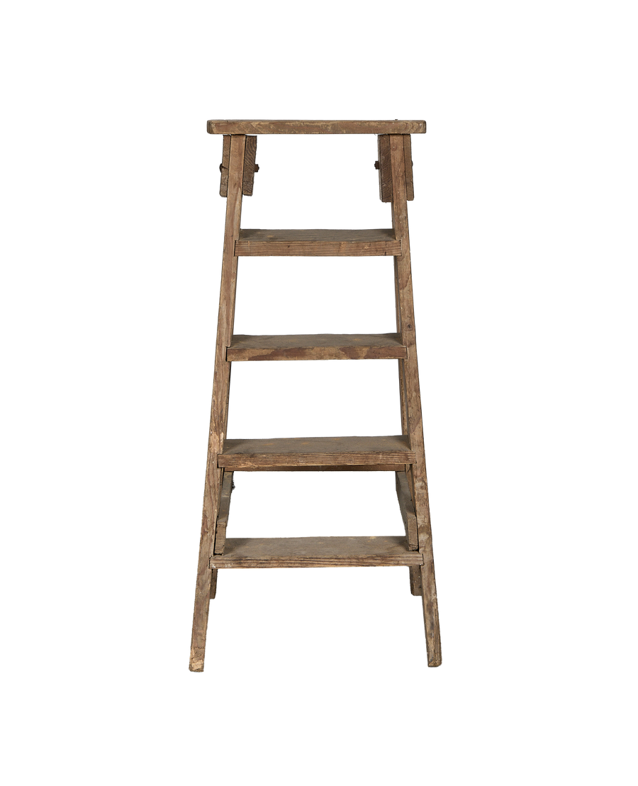 French vintage wood shop ladder, front view, showing five rustic wooden steps.