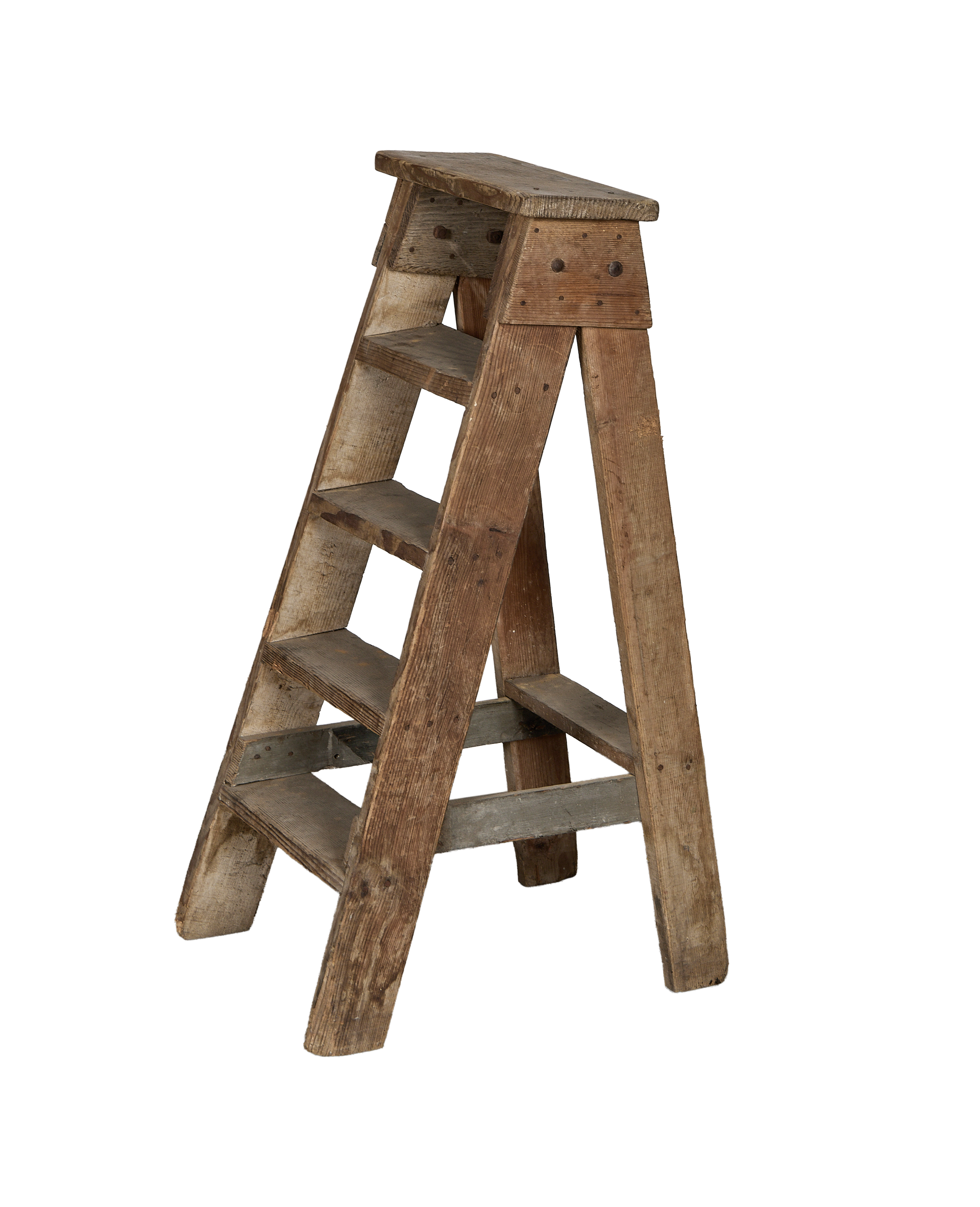 Vintage wooden shop ladder from France, rustic graying wood with visible grain.