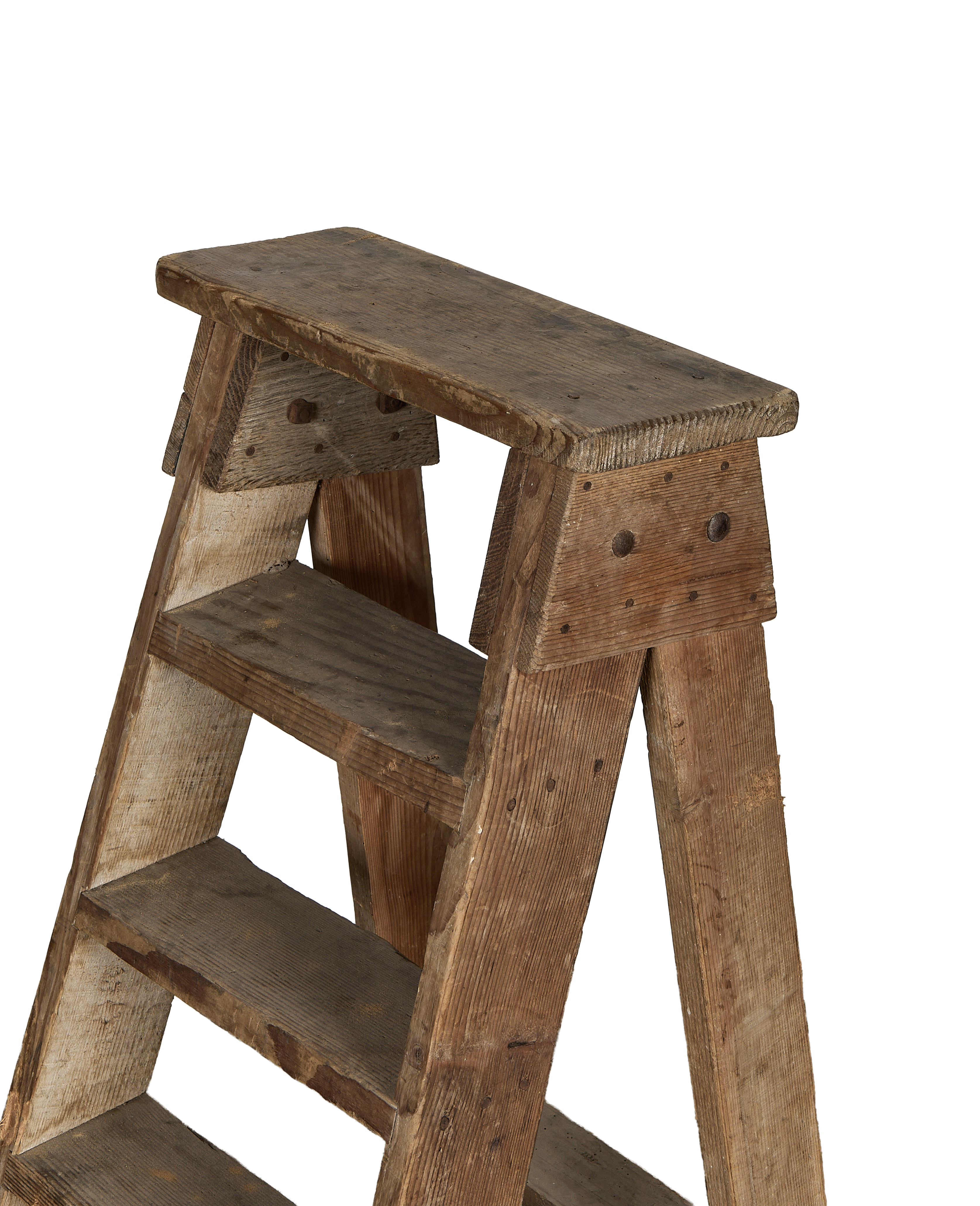 Vintage French wood shop ladder, angled top view, showing textured steps and aged timber.