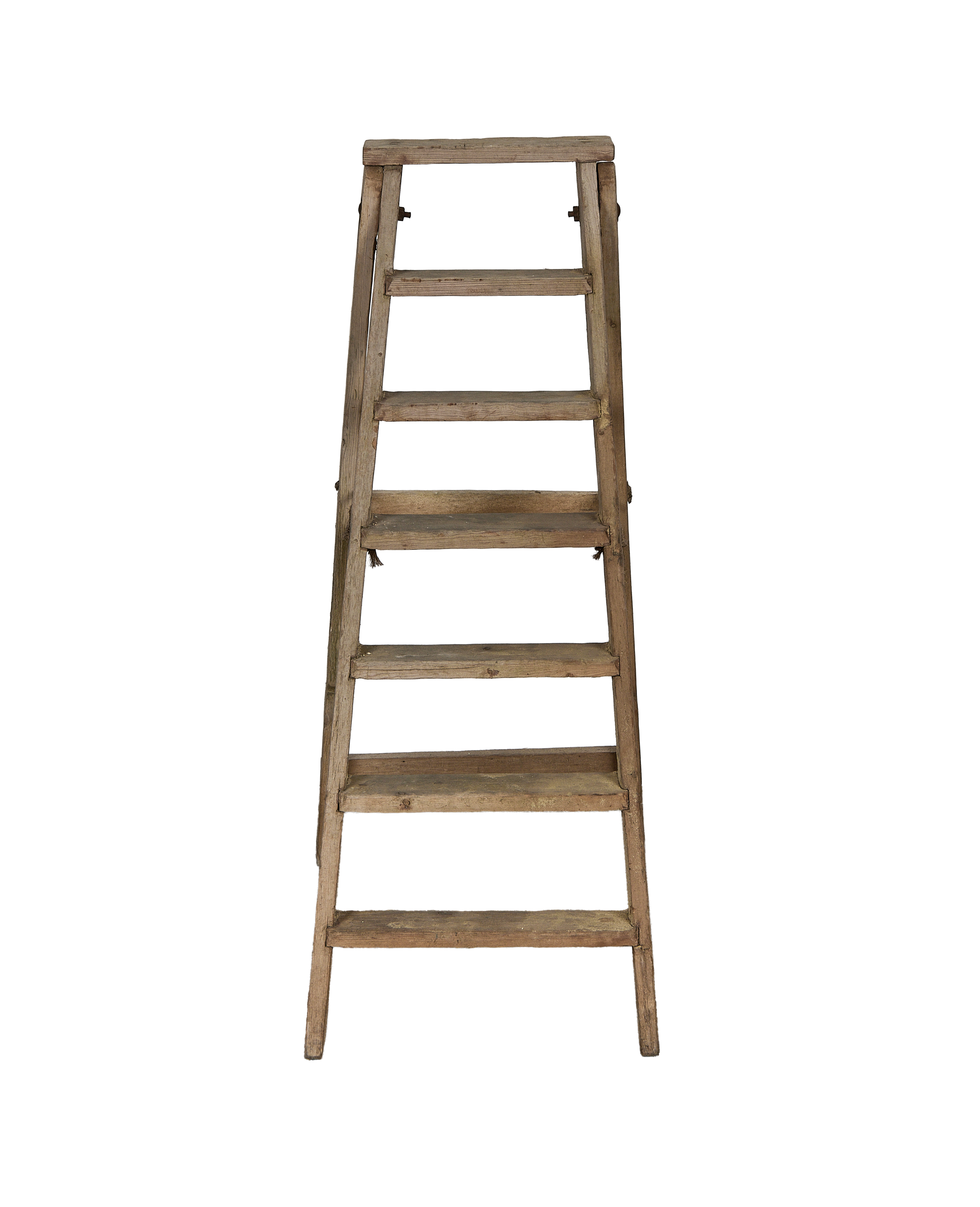 Vintage French wood shop ladder, full front view, showing weathered steps.