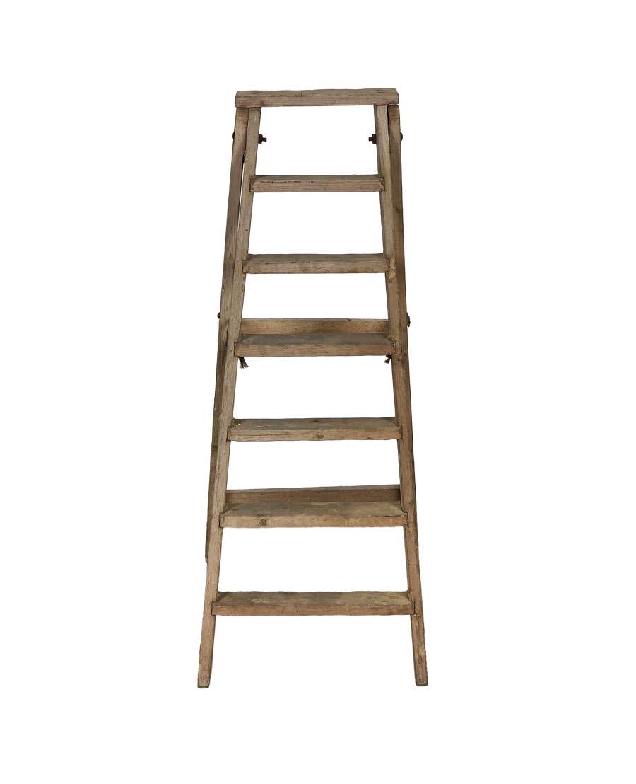 Vintage French wood shop ladder, full front view, showing weathered steps.