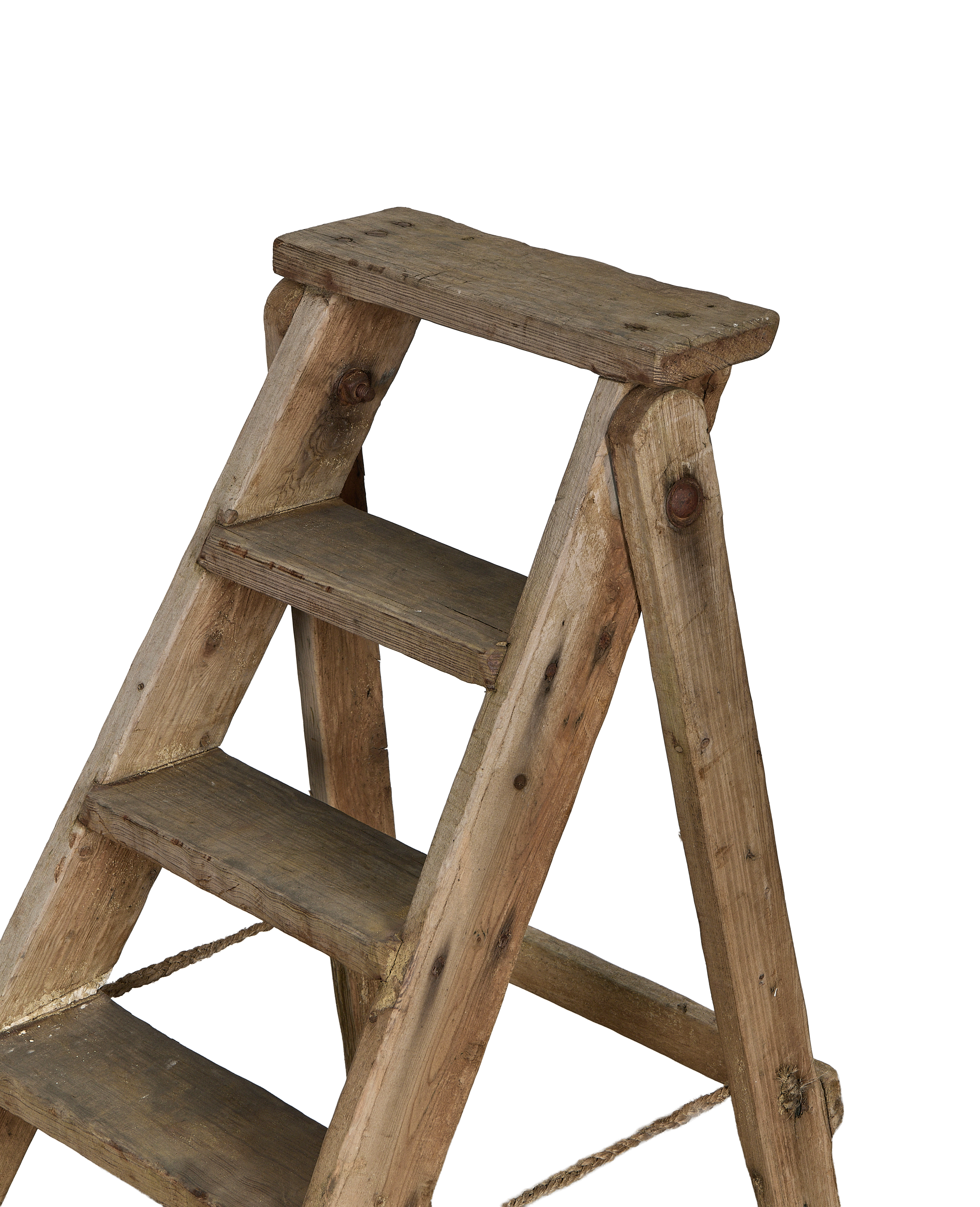 Vintage French wooden shop ladder, close-up showing weathered texture and metal bolt mechanisms.