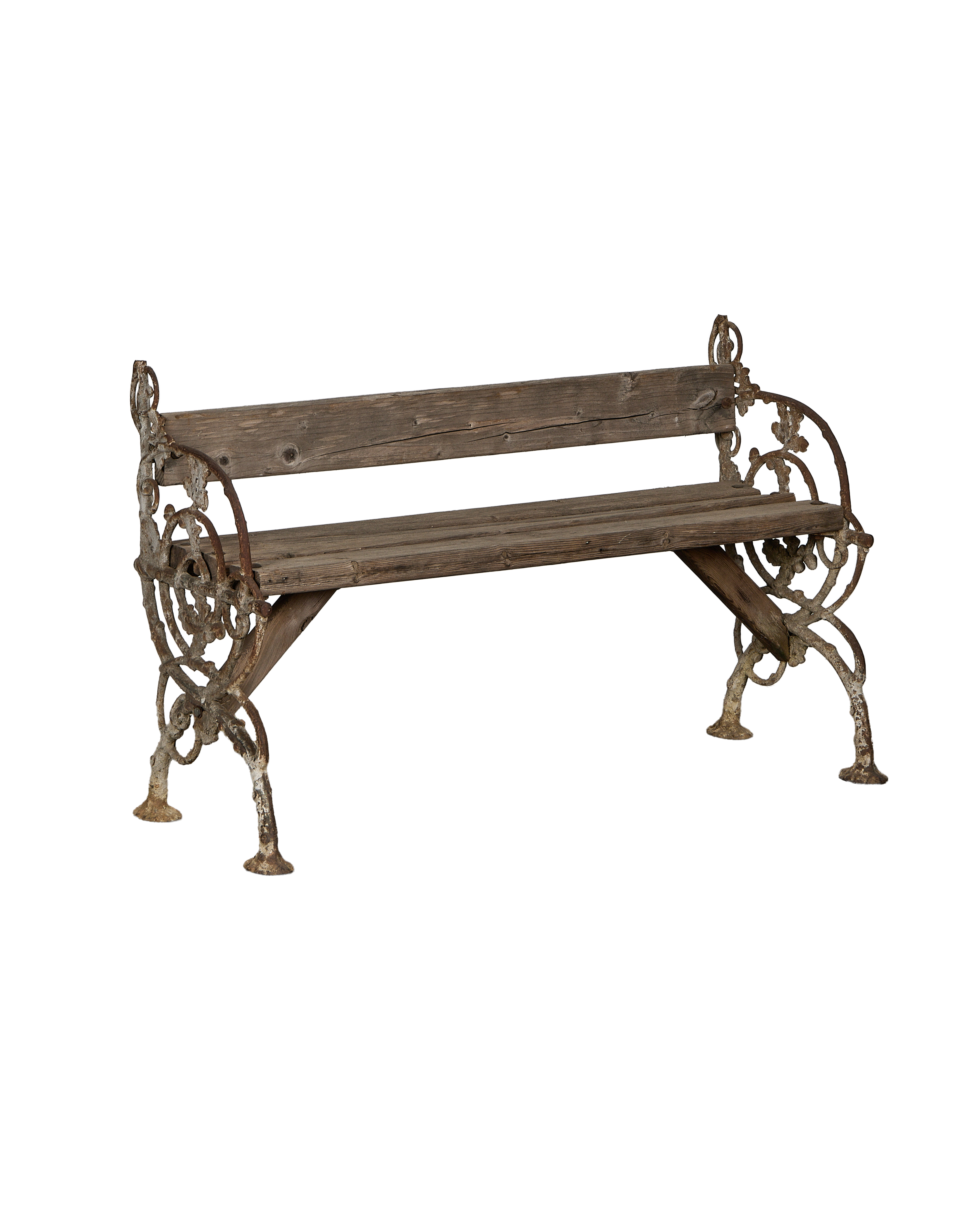 Vintage French garden bench, weathered oak seat, ornate white cast iron ends.