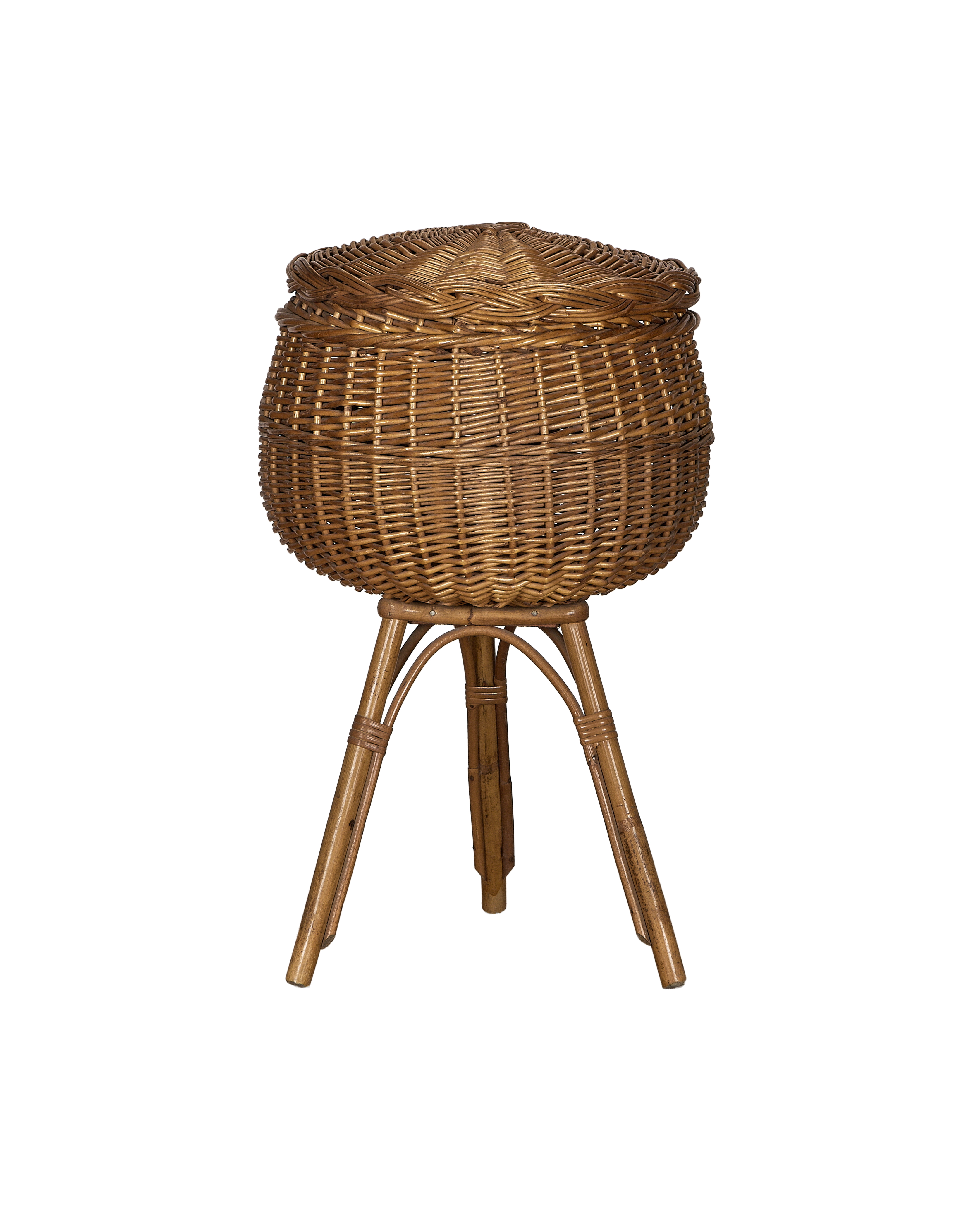 Vintage French rattan storage pot with woven lid, standing on three sturdy bamboo legs.