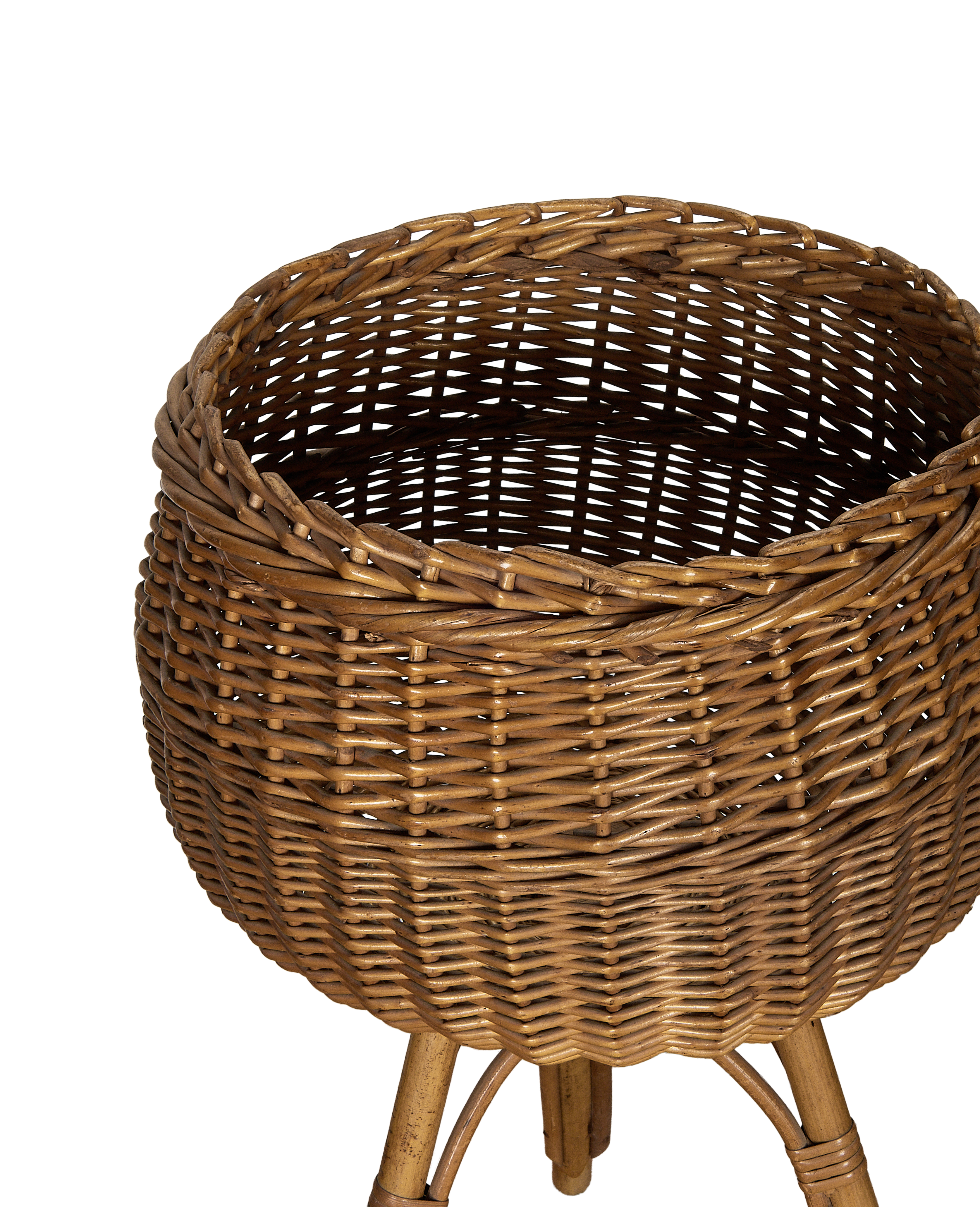 Vintage French rattan storage pot, detailed view of textured woven body and inner rim.