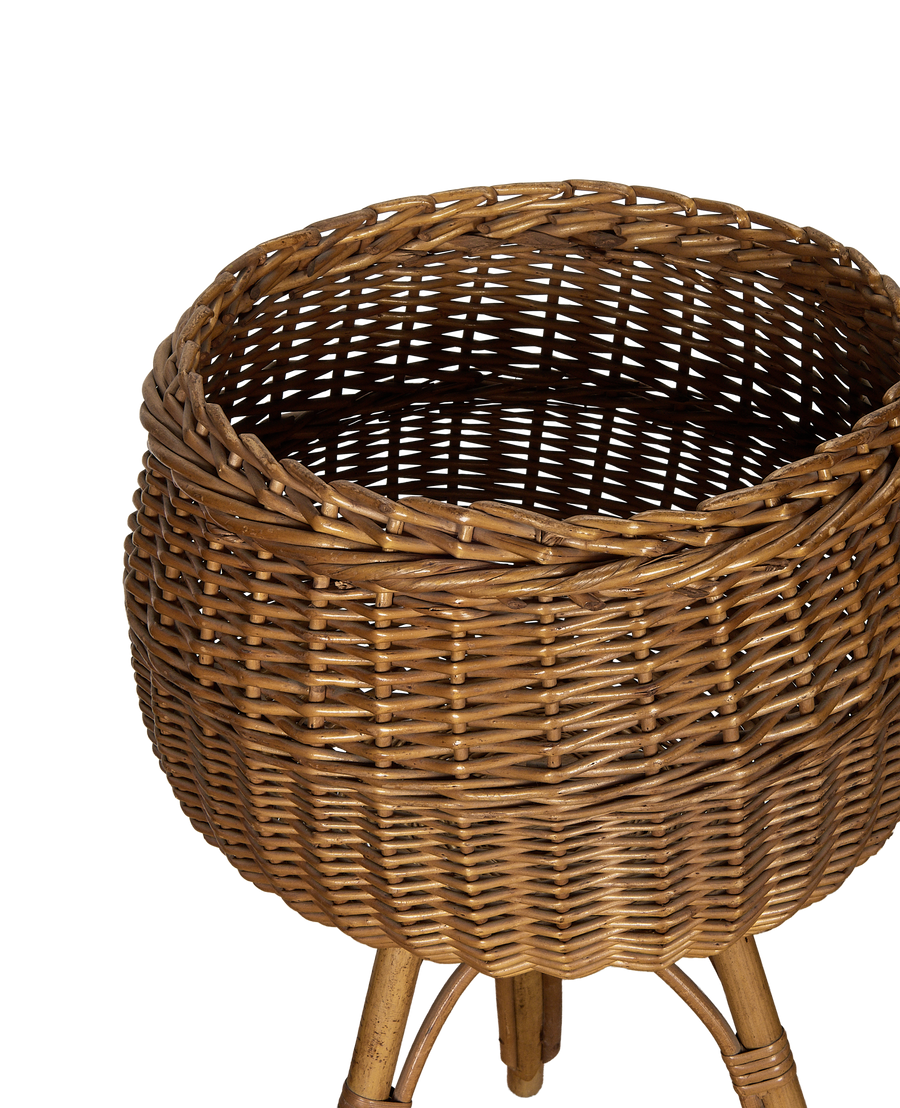 Vintage French rattan storage pot, detailed view of textured woven body and inner rim.