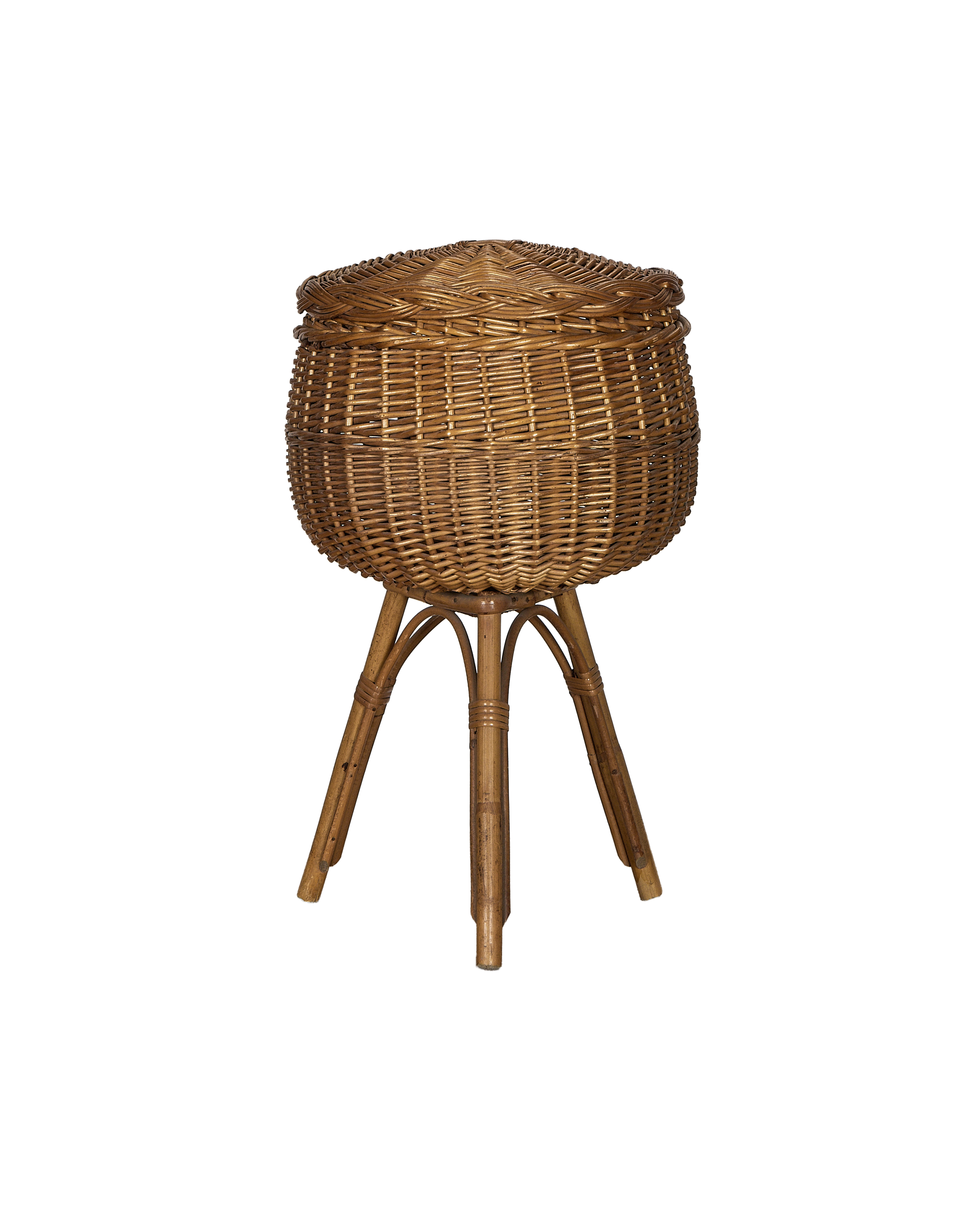 Vintage French rattan pot with lid, showing details of tripod base construction.