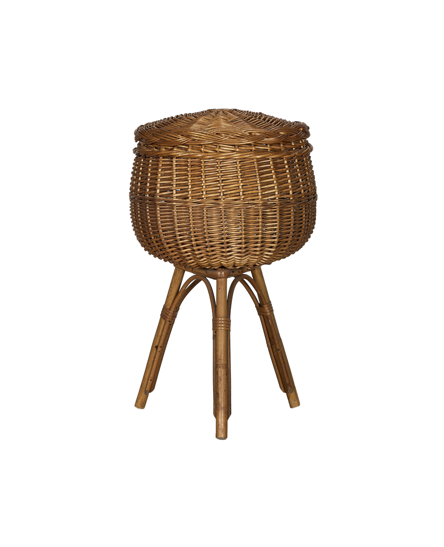 Vintage French rattan pot with lid, showing details of tripod base construction.