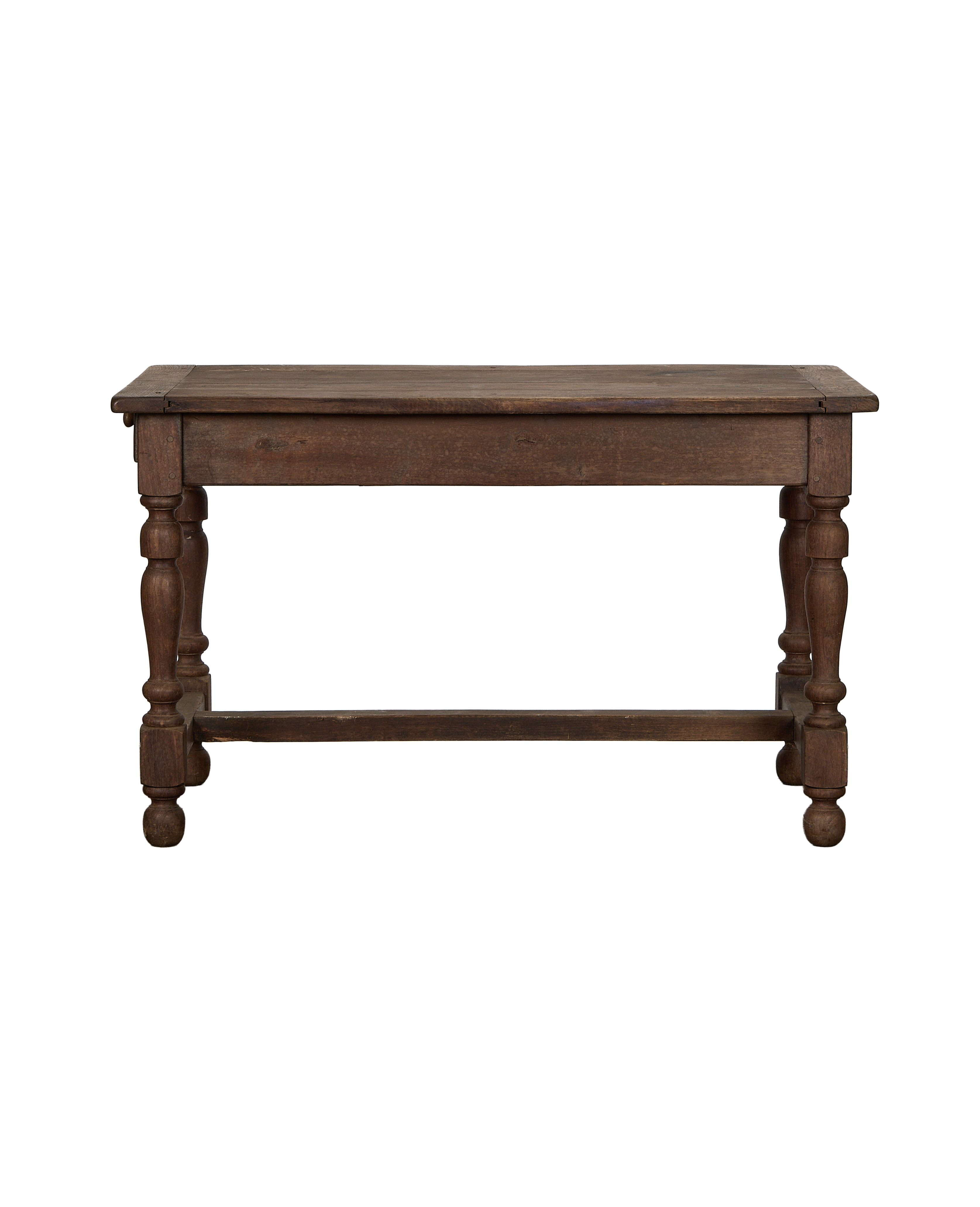 Vintage French oak draper's table showing the rustic bottom stretcher bar.