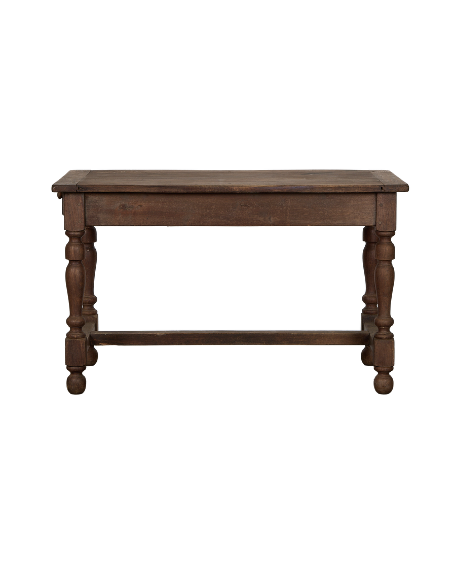 Vintage French oak draper's table showing the rustic bottom stretcher bar.