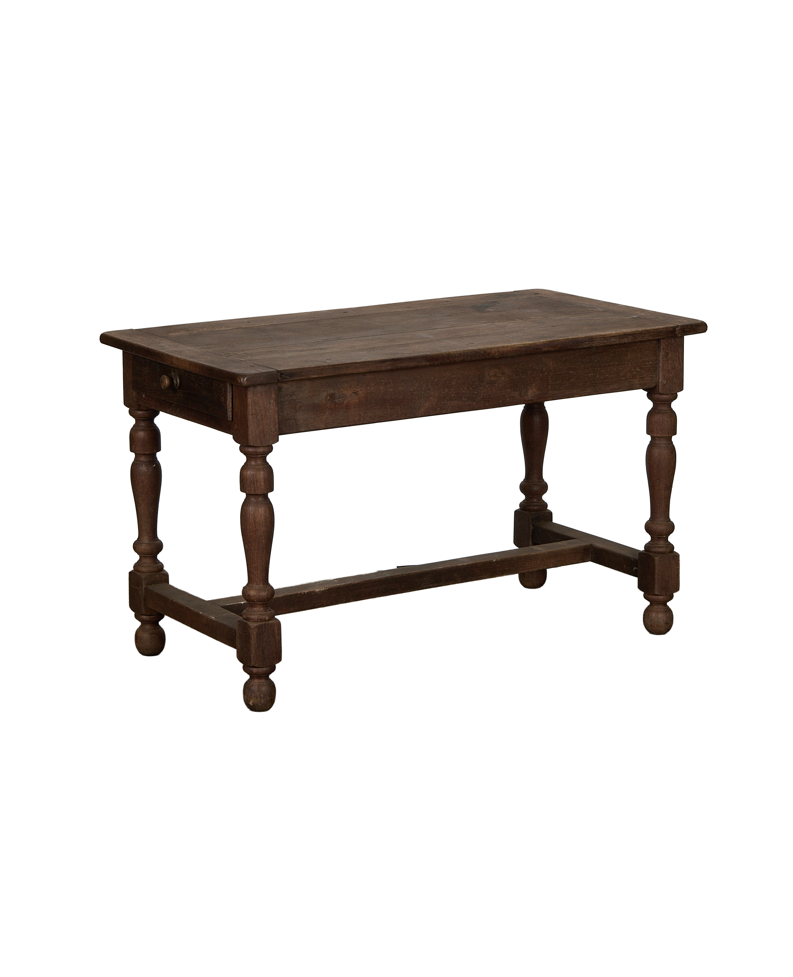 Vintage French oak draper's table with turned legs and single drawer.