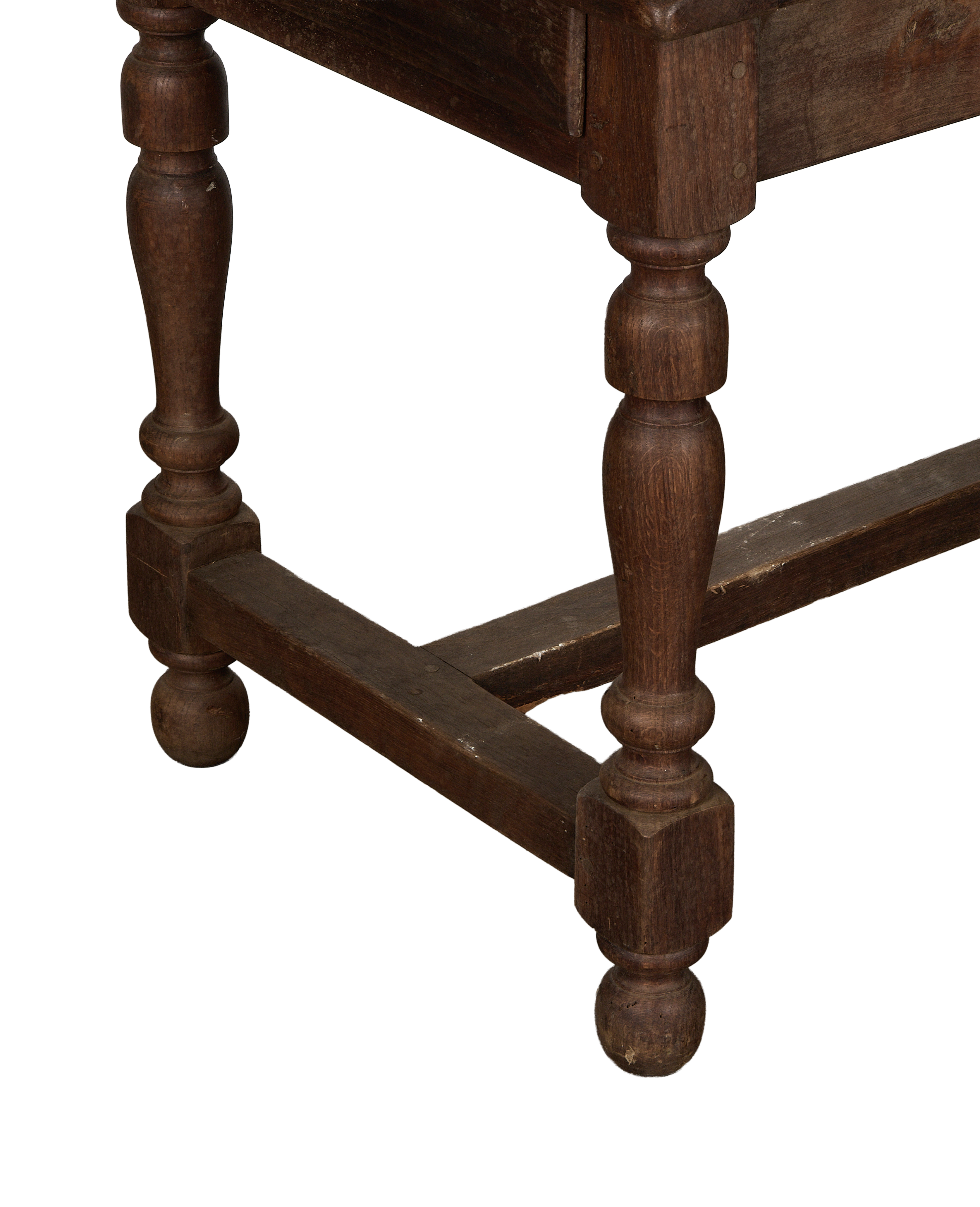 Vintage French oak draper's table leg with turned details, showcasing aged patina.