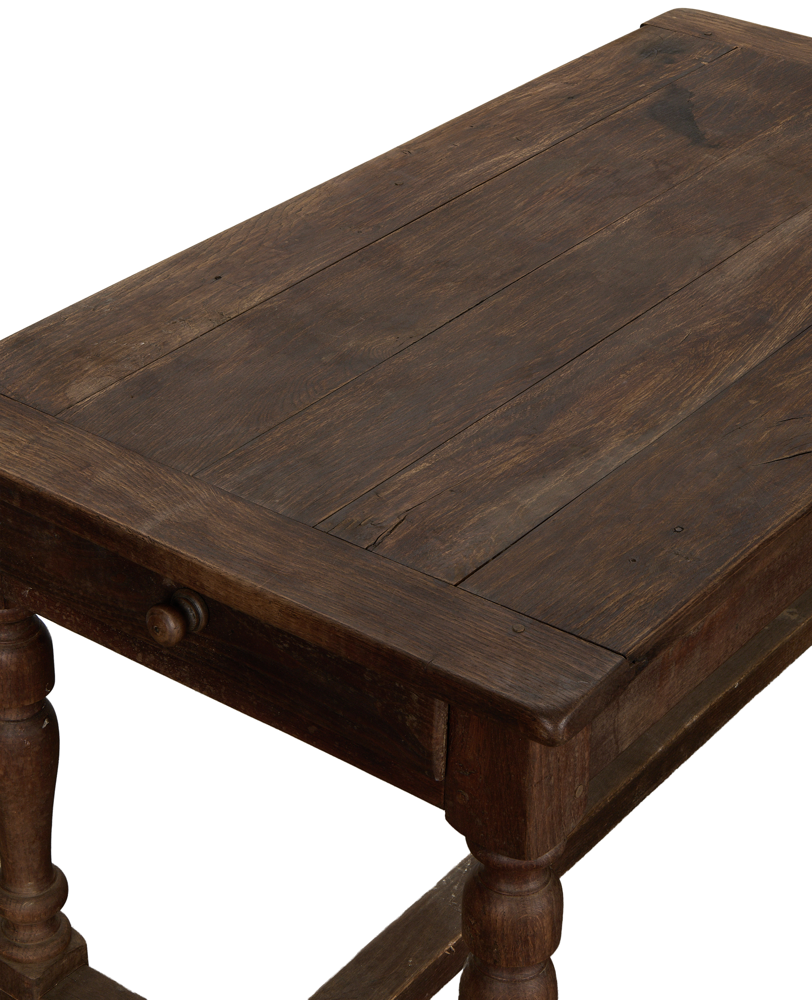 Vintage French oak draper's table, close-up of distressed top and single drawer knob.