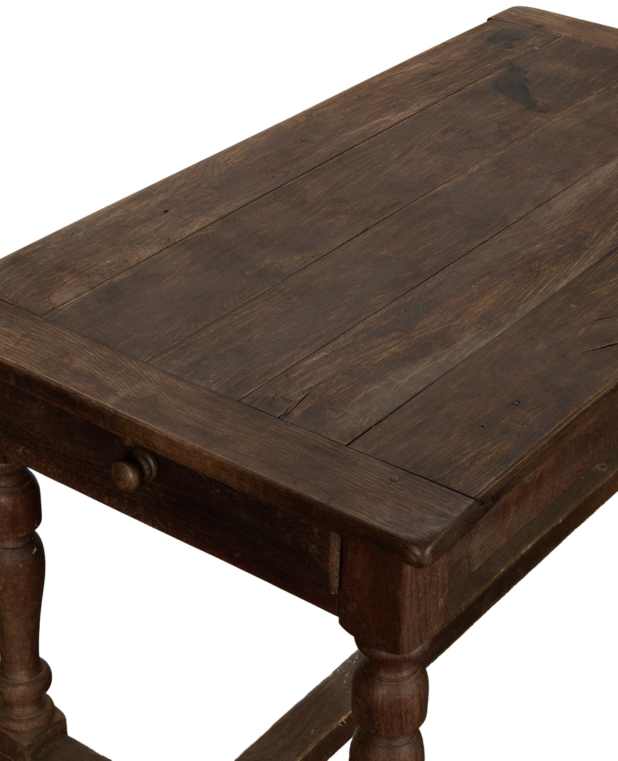 Vintage French oak draper's table, close-up of distressed top and single drawer knob.