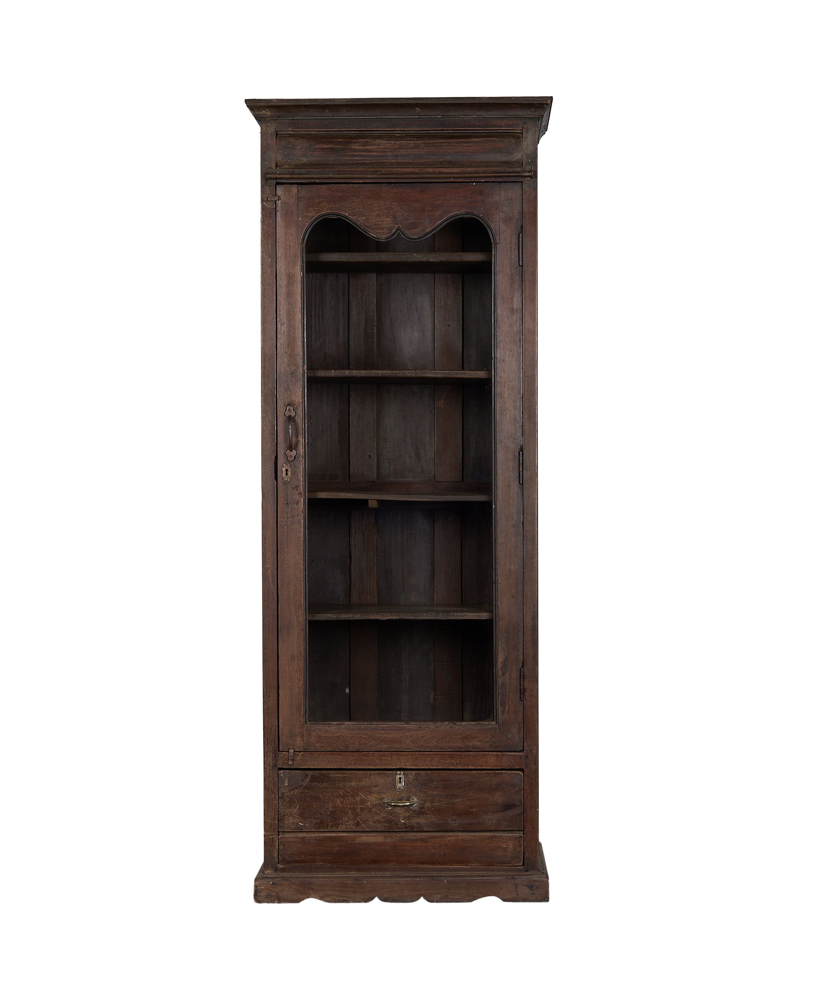 Vintage Indian oak cabinet, dark natural wood, glazed upper door, bottom drawer.