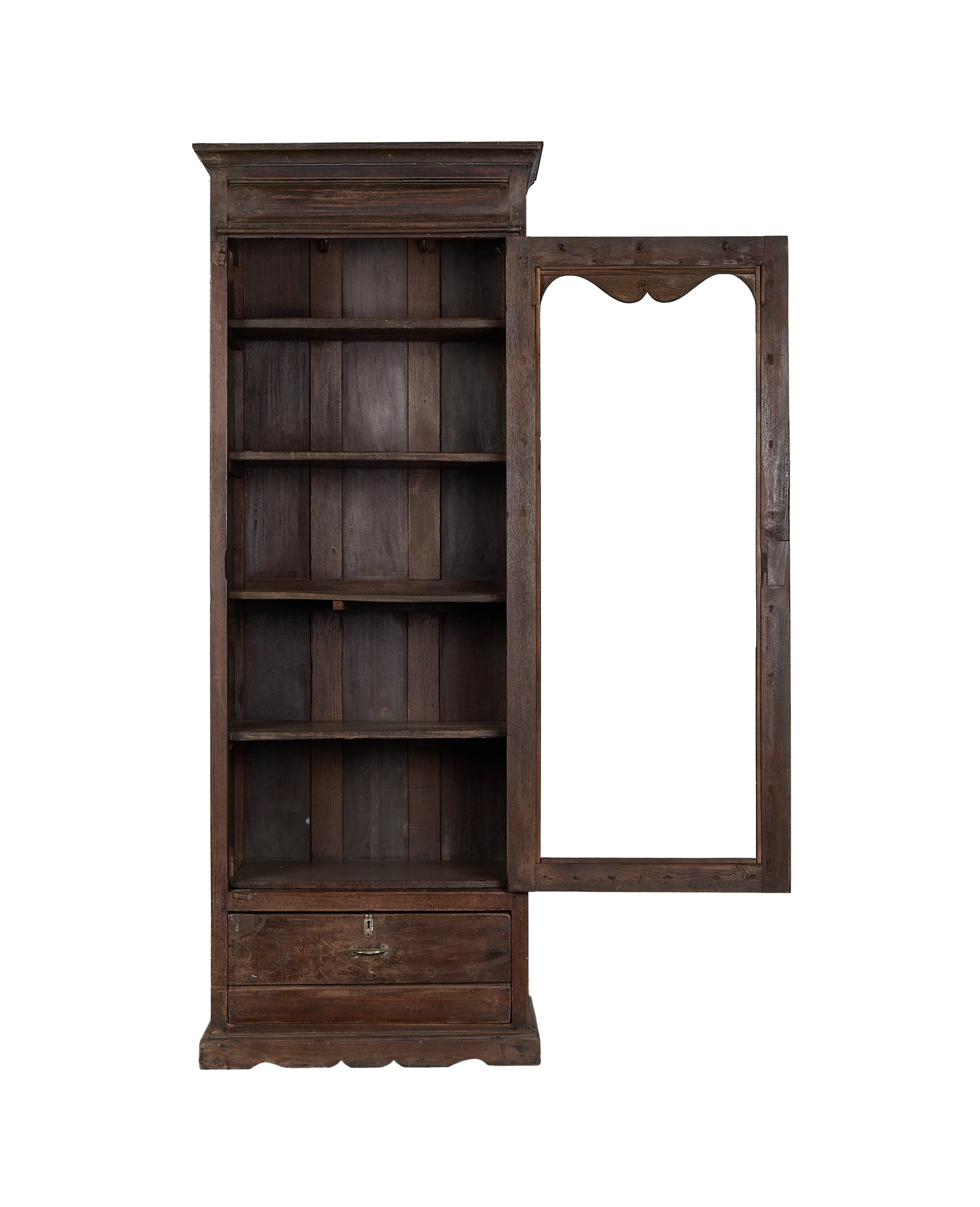 Vintage Indian oak cabinet, distressed, with open glass door showcasing interior shelves and working drawer.
